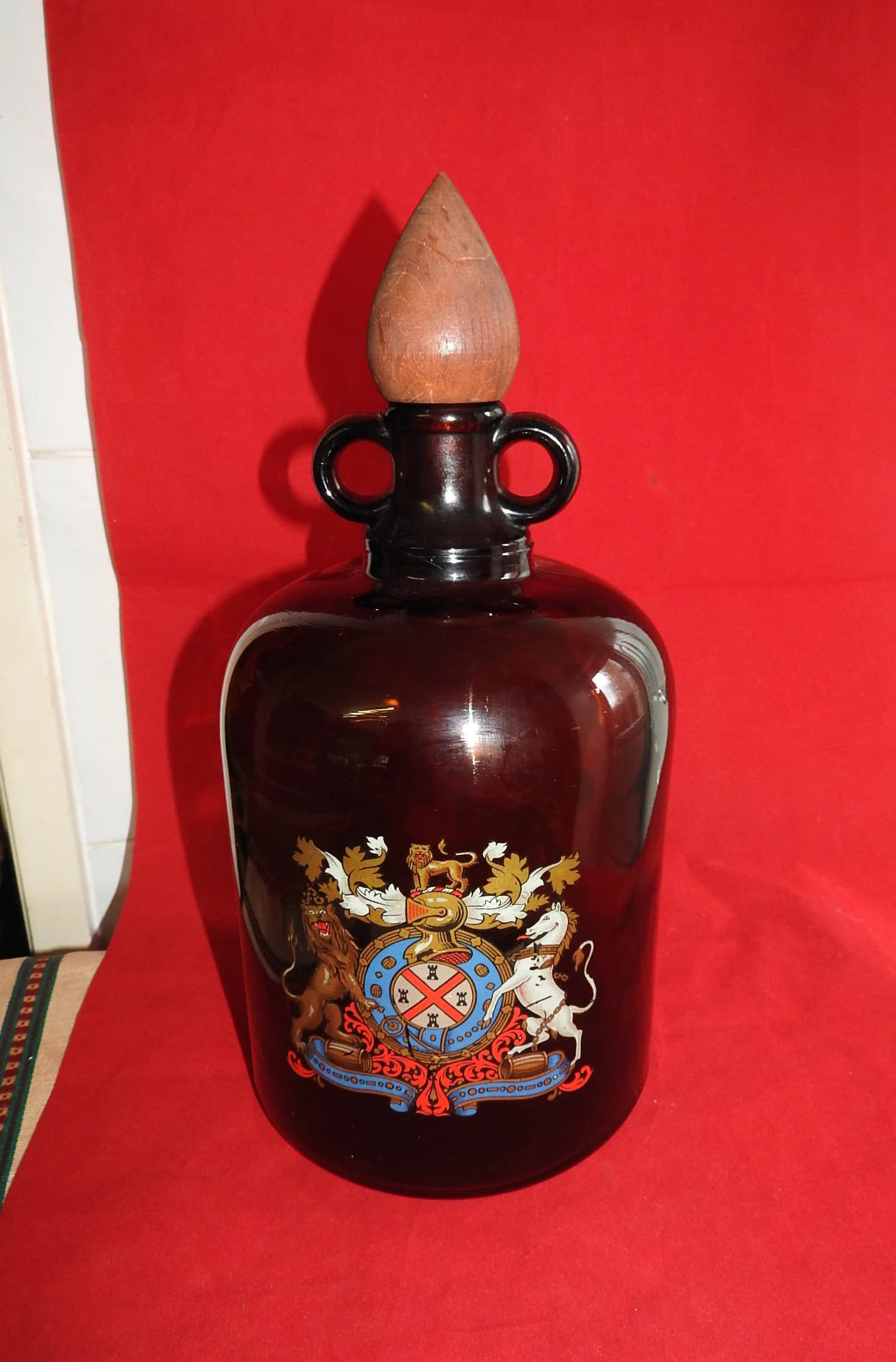 Rare antique/ vintage brown glass  Demijohn with wooden stopper