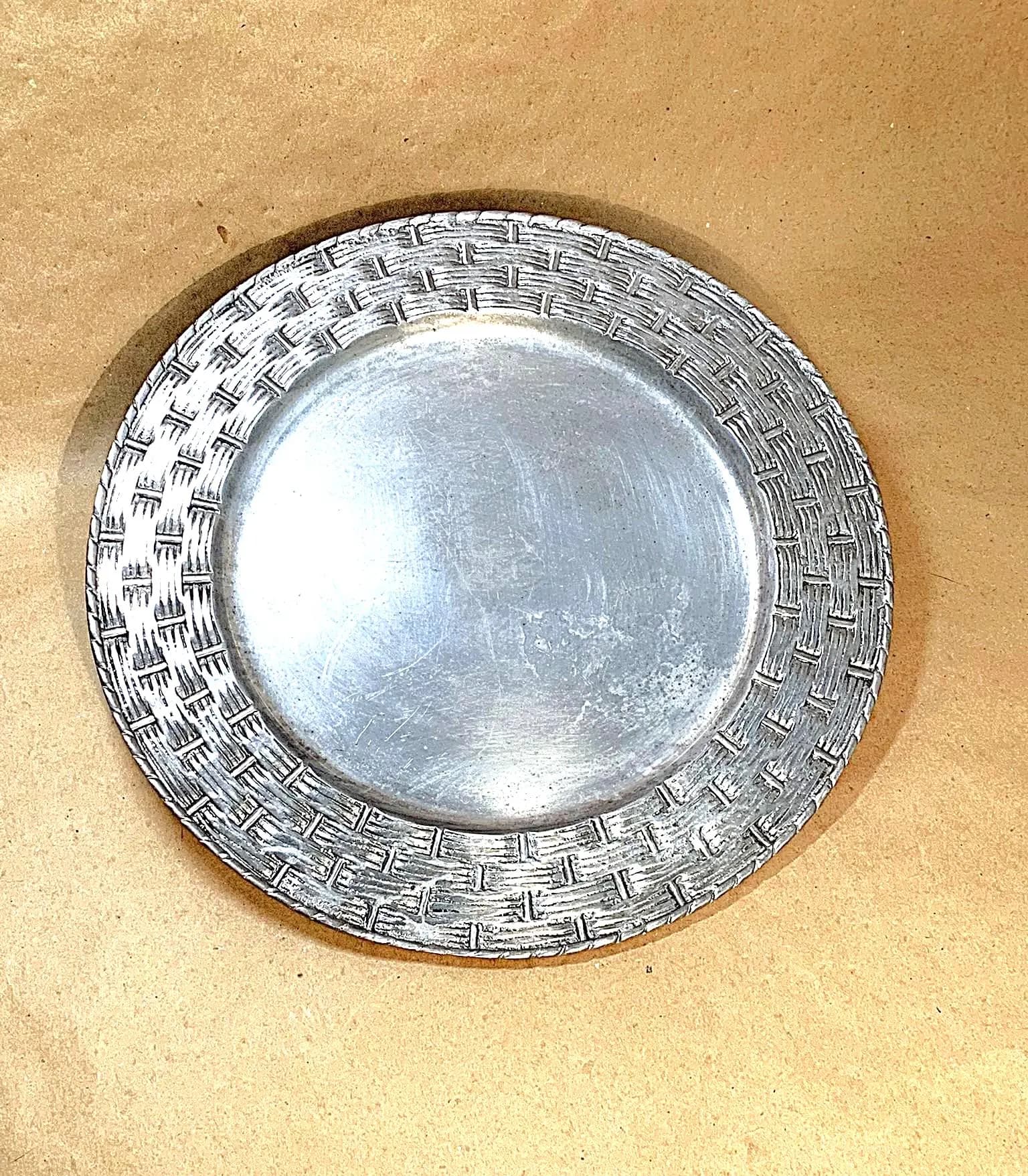 Pewter Metal Steak Platter with Basketweave Rim  12 3/4"