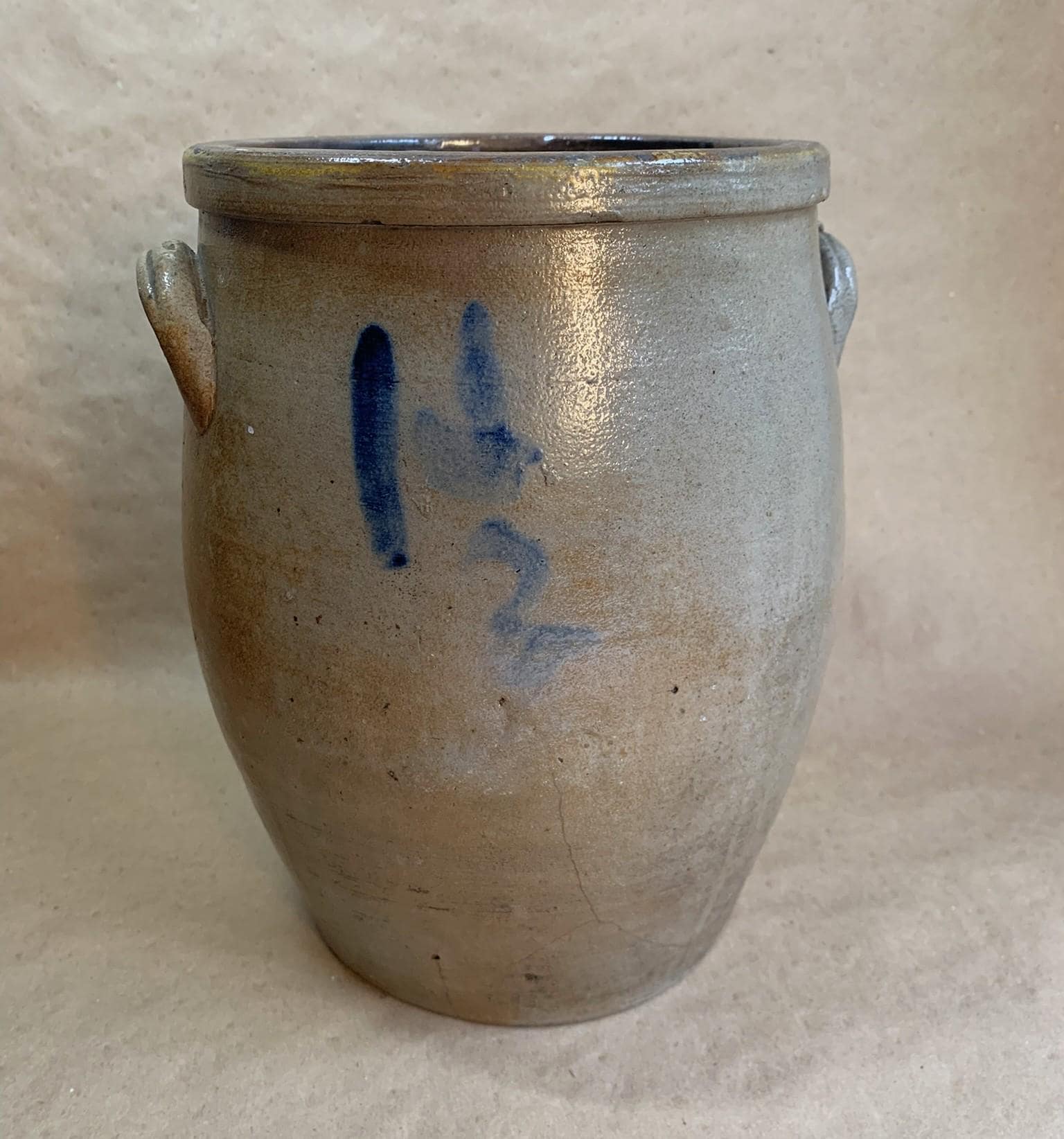 Antique Early 19th Century Ovoid Salt Glazed Stoneware Crock 1 1/2 Cobalt Mark Pennsylvania Estate Att. R.C. Remmey
