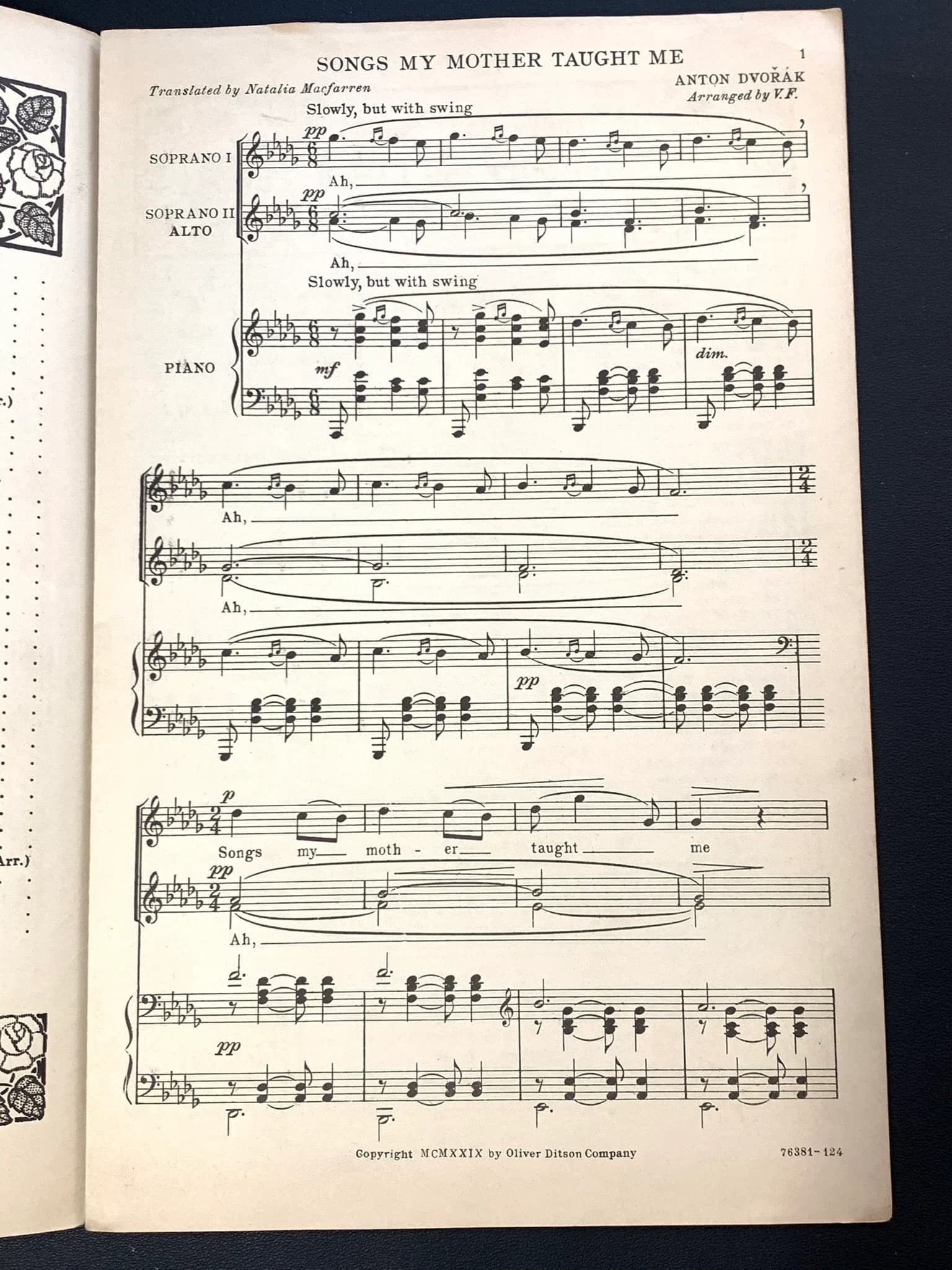 Antique Sheet Music "Songs My Mother Taught Me"  Anton Dvorak  Girls' Glee- Clubs - image 4