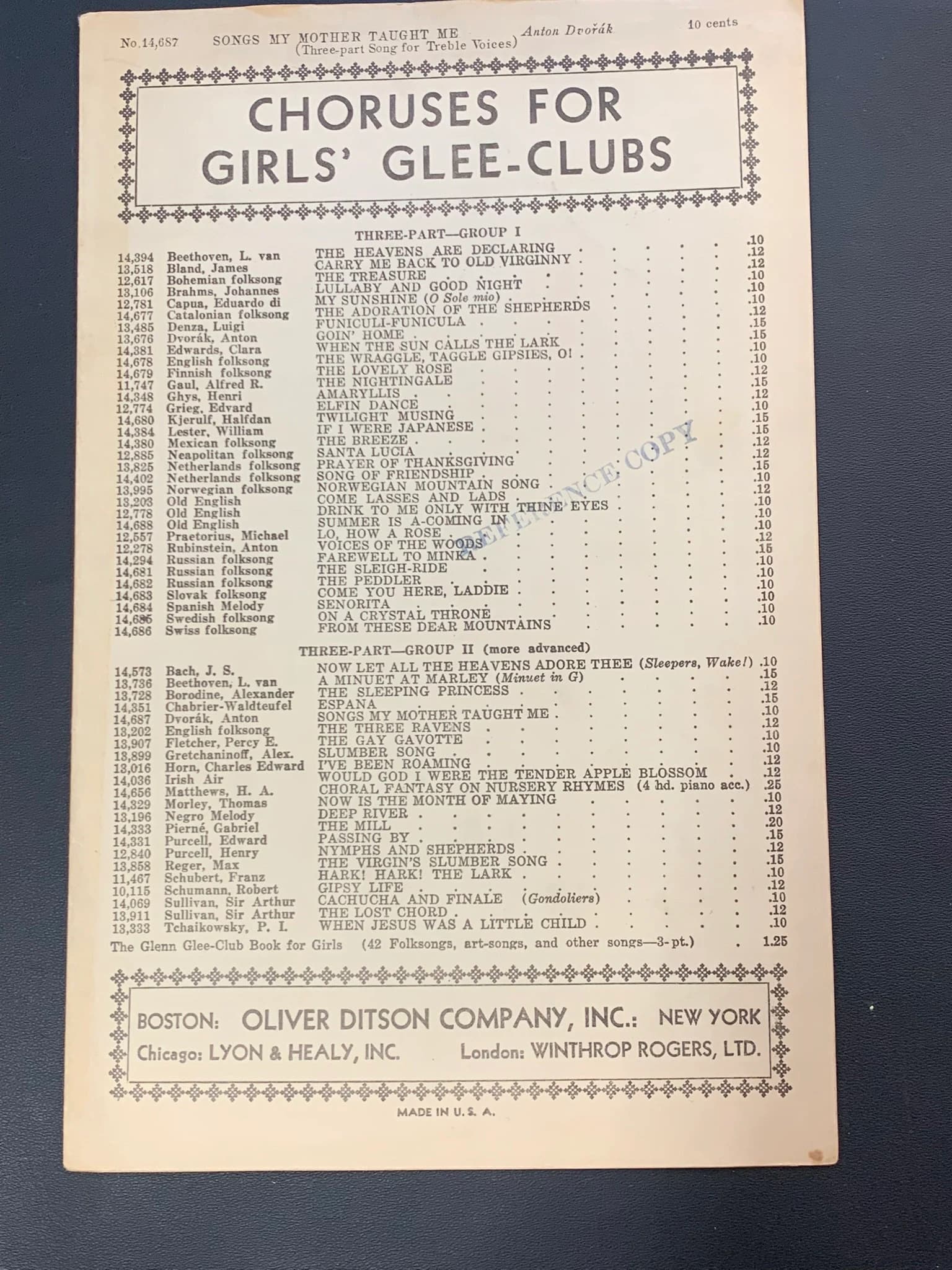Antique Sheet Music "Songs My Mother Taught Me"  Anton Dvorak  Girls' Glee- Clubs