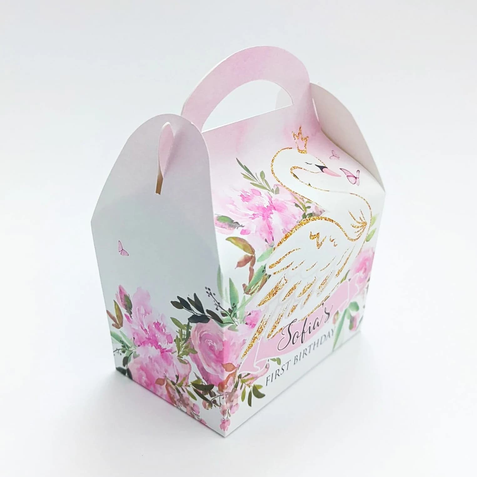 Pink floral swan Personalised Children’s Party Box Gift Bag Favour - image 3