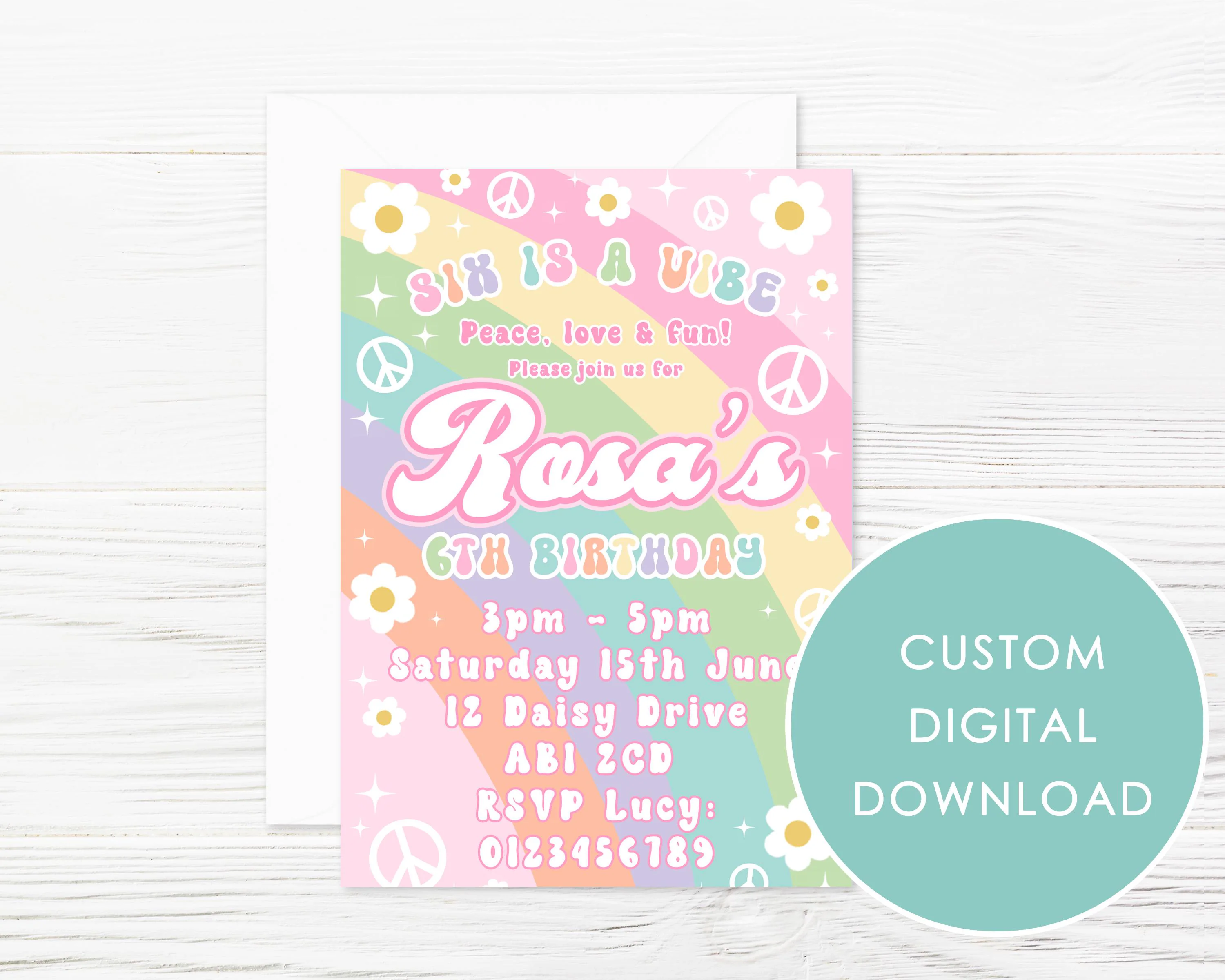 DIGITAL DOWNLOAD Personalised Retro Two Groovy Hippie Invitation