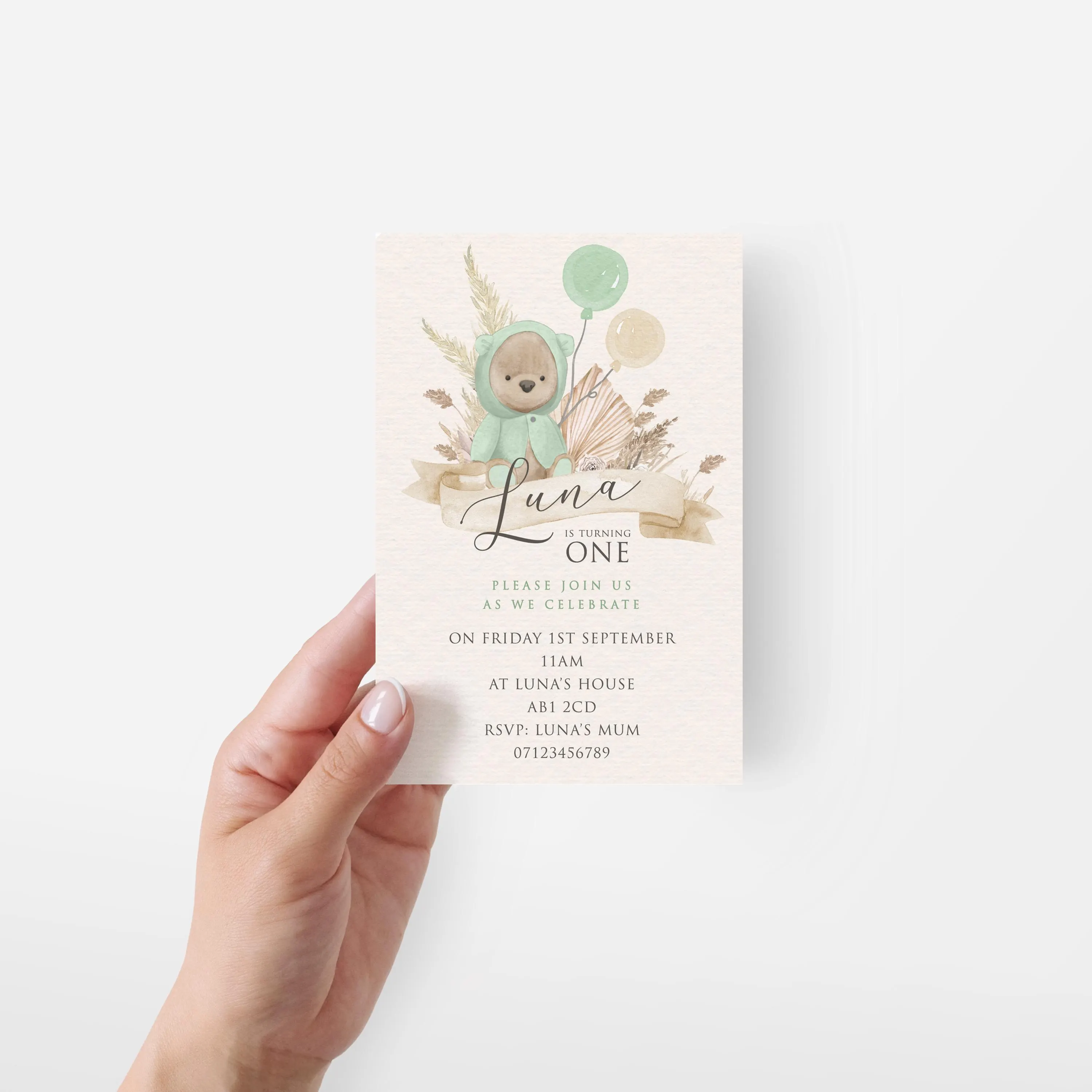 DIGITAL DOWNLOAD Personalised Teddy Bears Boho Green Balloons Invitation - image 3