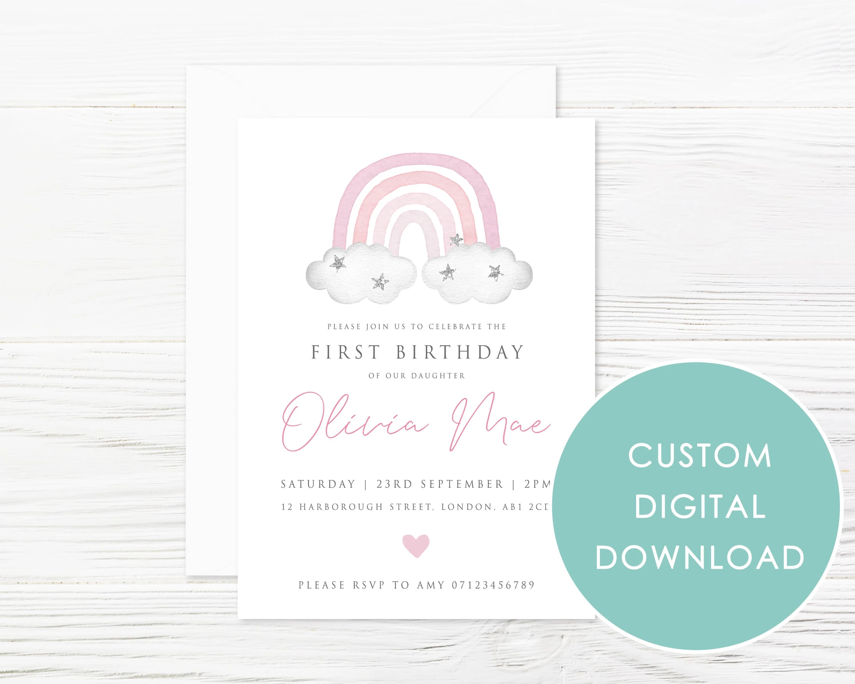 DIGITAL DOWNLOAD Personalised Rainbow Pink Minimal Party Invitation