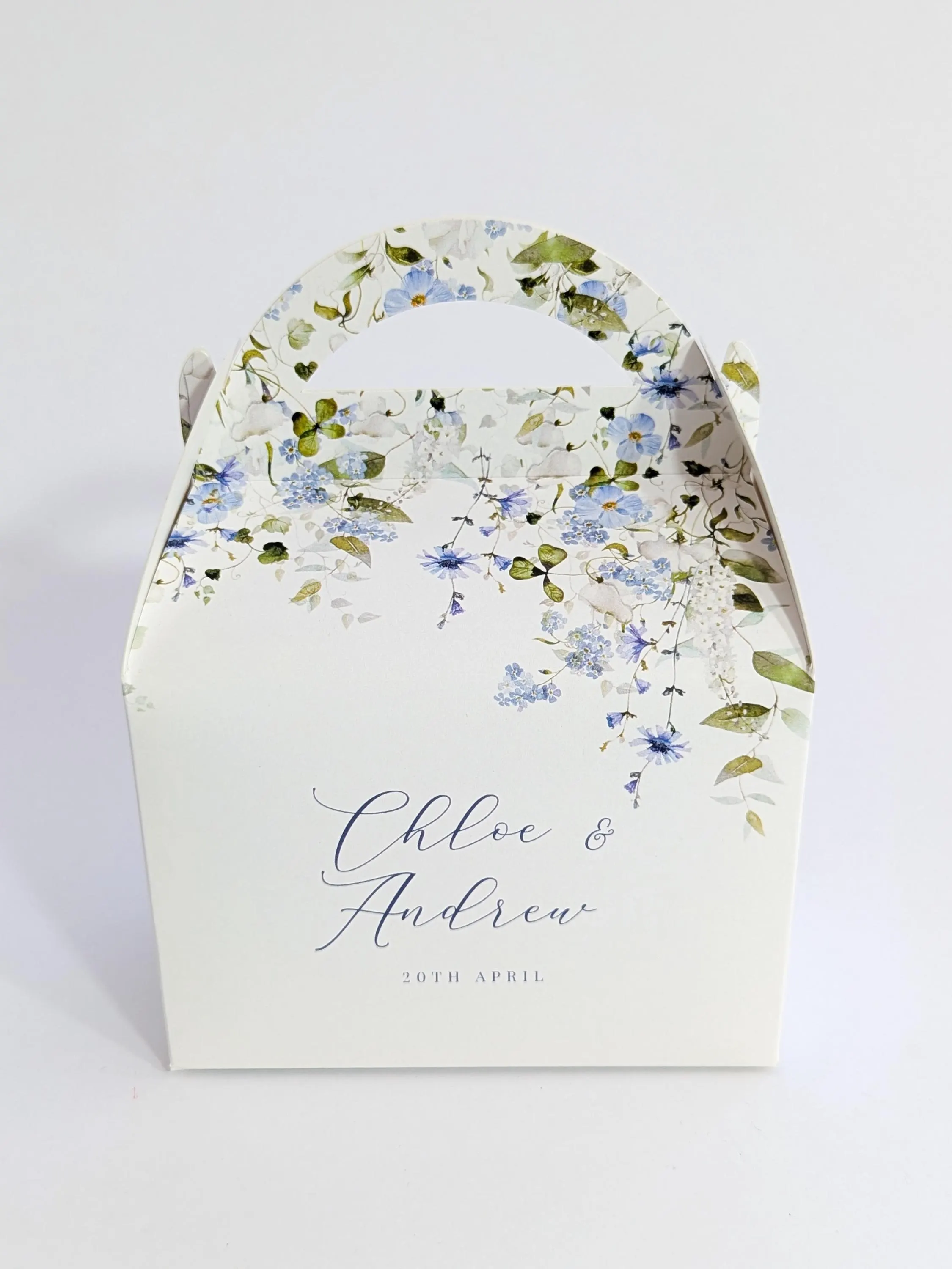 Personalised Blue Floral and Greenery Wedding Favour Boxes