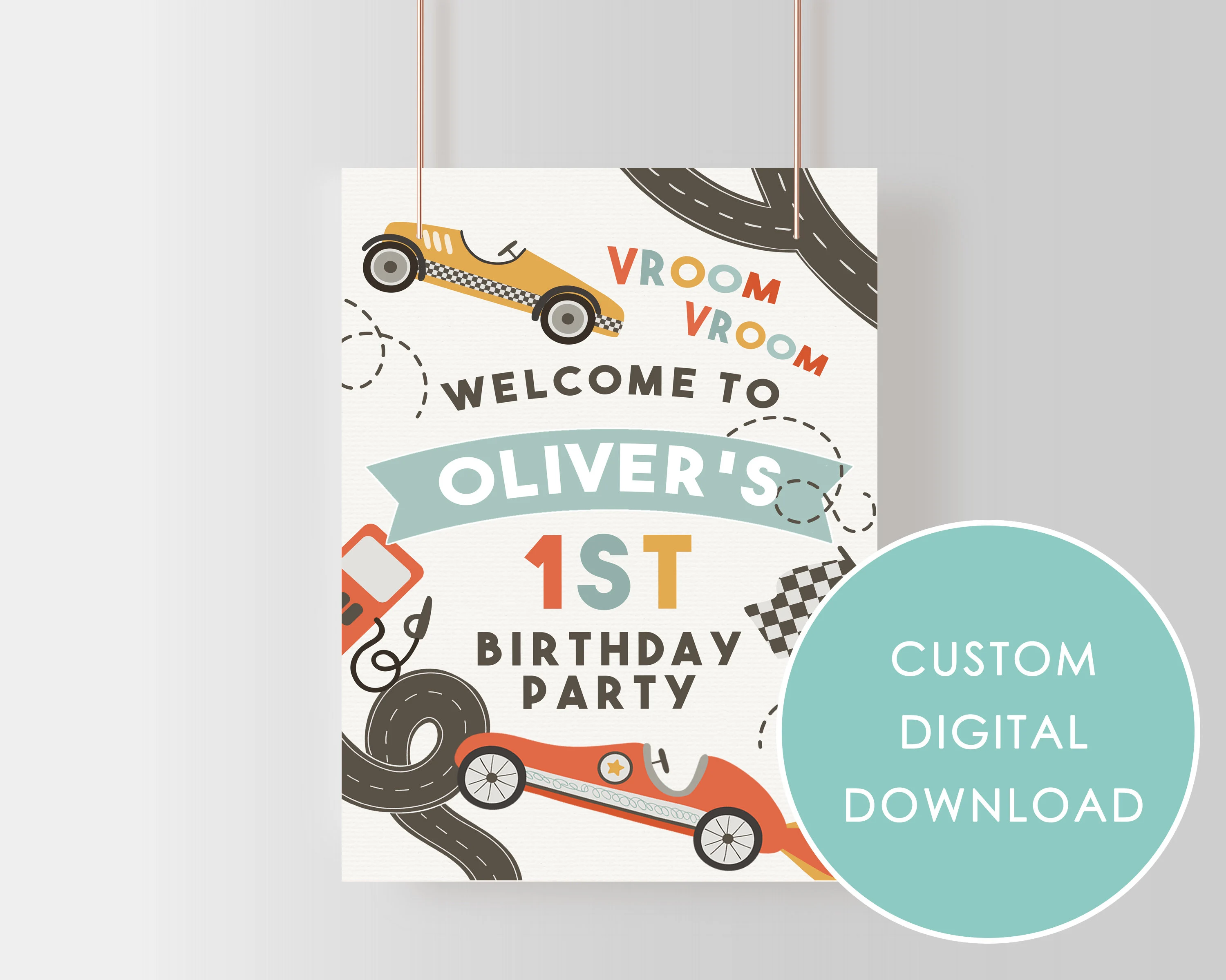 DIGITAL DOWNLOAD Welcome Sign Retro Racing Race Cars Birthday Party