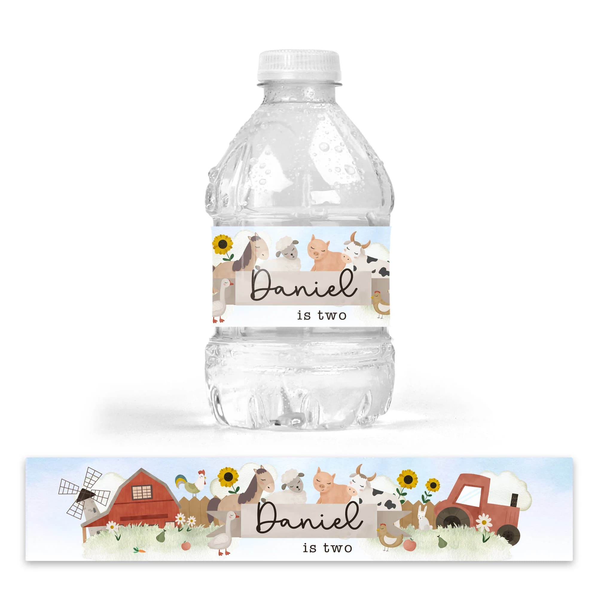 Personalised Farm Birthday Drink Labels – Farmyard Animals Water Bottle Stickers – Pack of 7