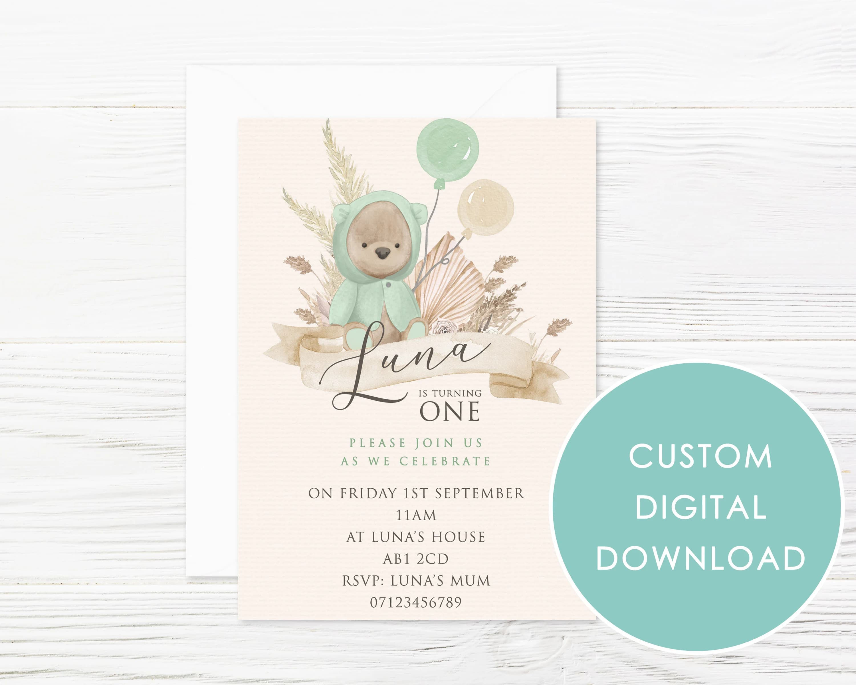 DIGITAL DOWNLOAD Personalised Teddy Bears Boho Green Balloons Invitation