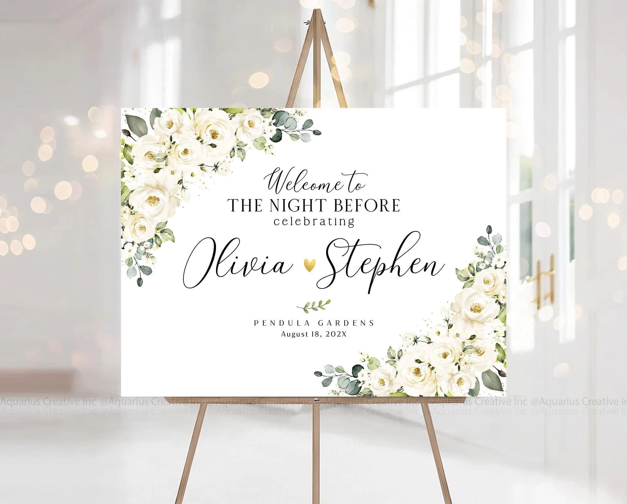 Rehearsal Dinner Sign, Wedding Rehearsal Sign, White rose Decor, Engagement welcome sign, Wedding welcome sign, White Rose Rehearsal Decor