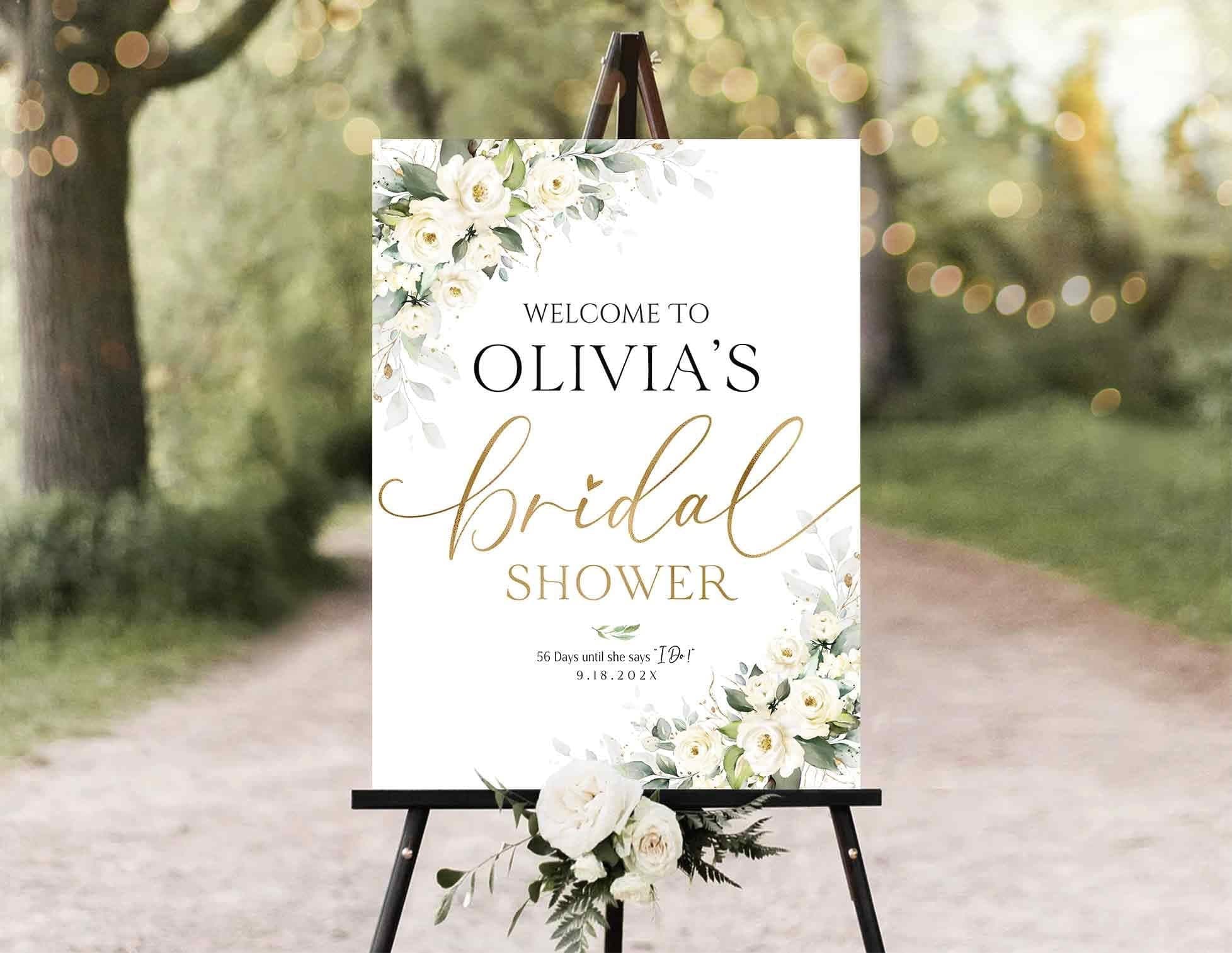 Personalized Bridal Shower sign, Bridal Shower Invitation, Bridal Shower decorations, Bridal shower welcome sign, White rose decor