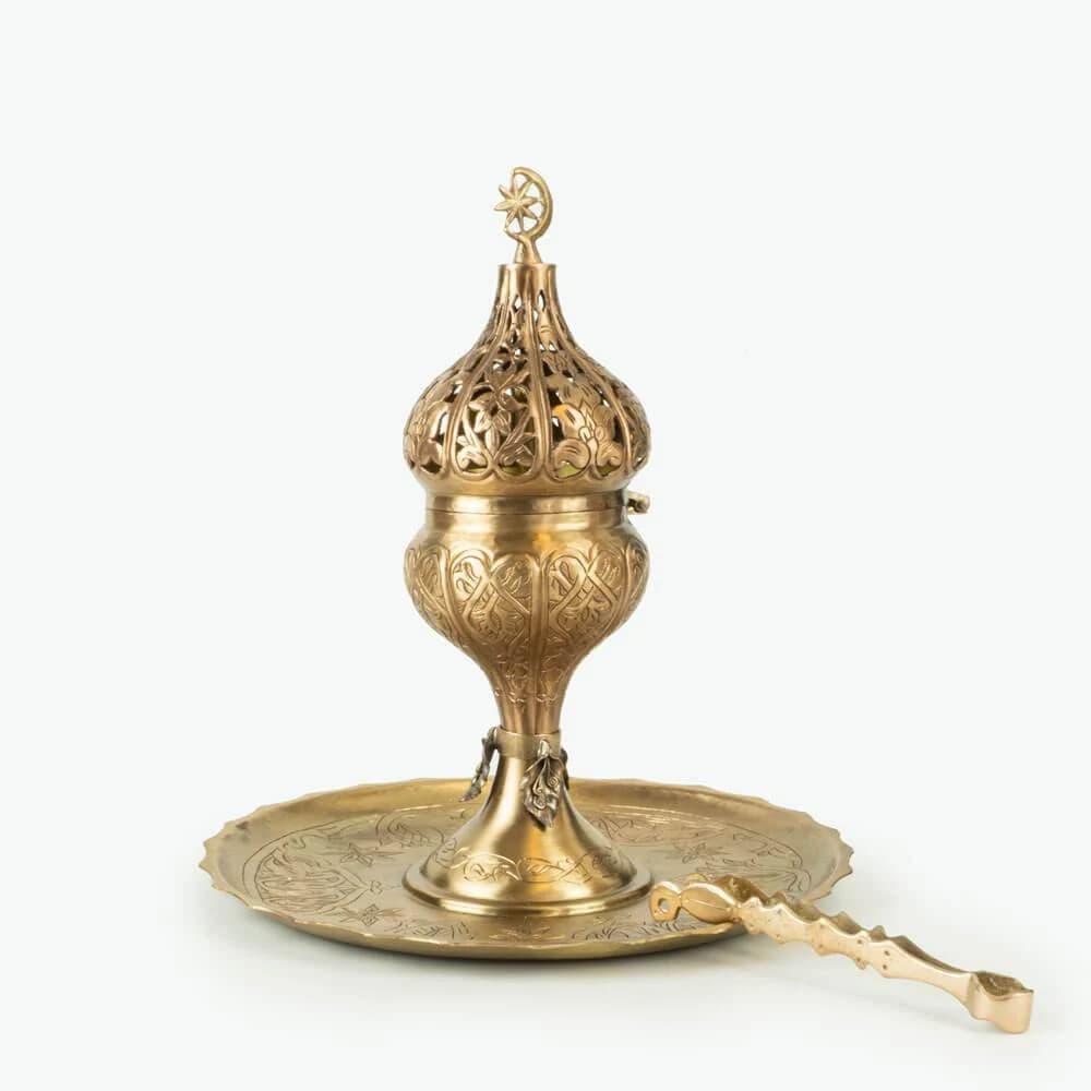 COPPER INSENCE BURNER with Flower, Star and Crescent Pattern / Handmade