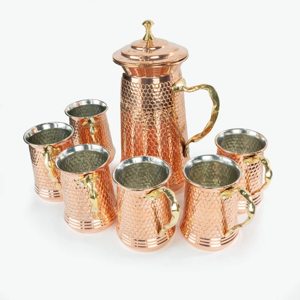COPPER PITCHER-MUG Set / 6 Person / Handmade / Copper Beating Jug Set - image 4