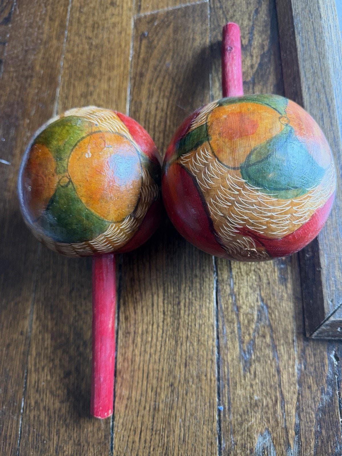 Vintage Hand‑Painted Gourd Maracas Pair Latin Folk Art Percussion Rattle Shakers