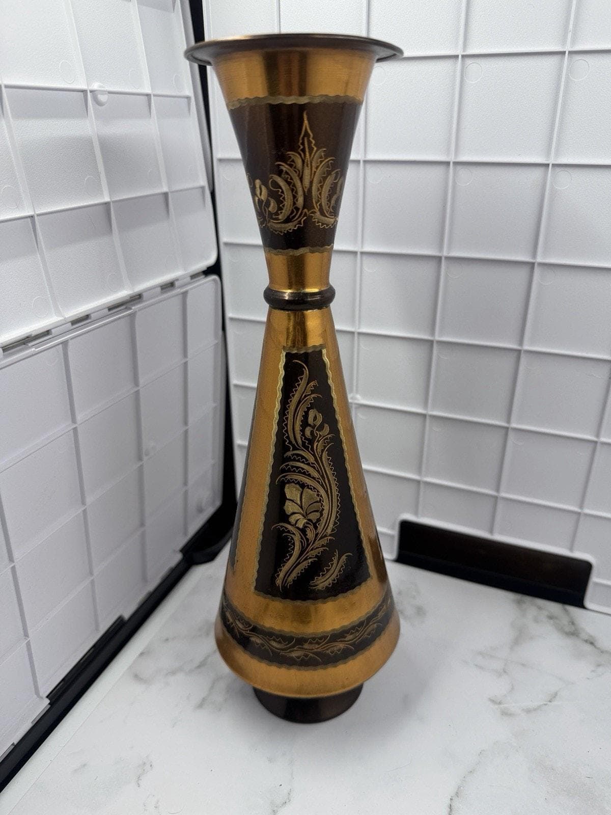 Vintage Etched Brass & Black Enamel Trumpet Vase 1970s Boho Fluted India Style