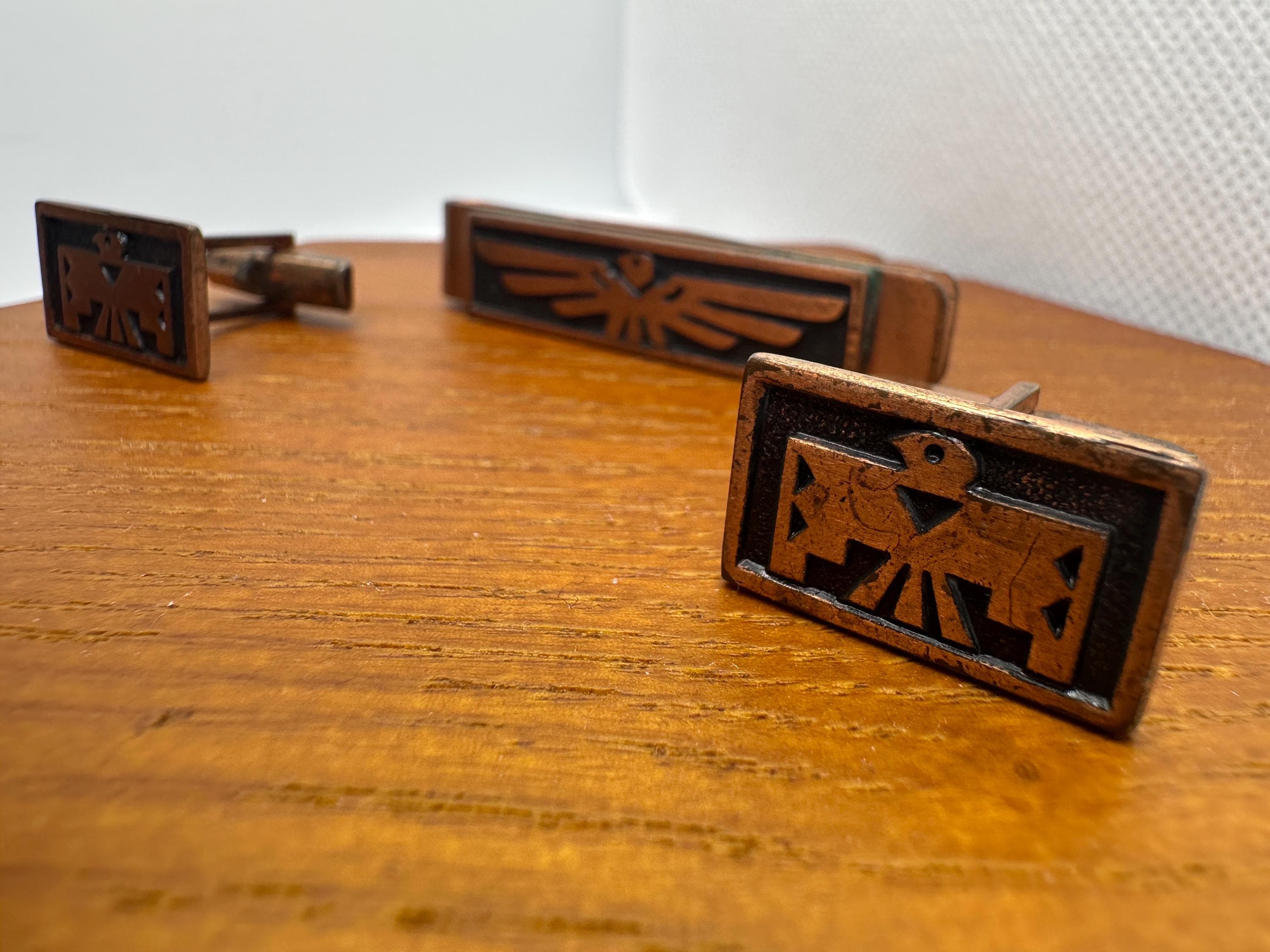Vintage Copper Cufflinks and Tie Clip Matching Set: Southwestern Thunderbird, Indigenous Symbol