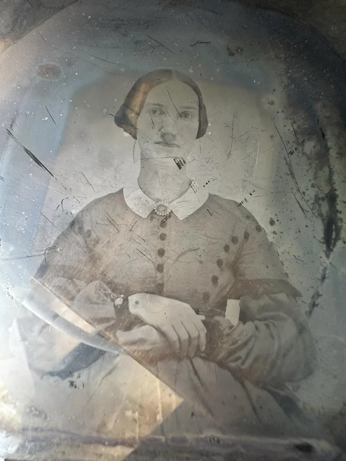 Spooky ambrotype of young woman in dress, 19 Century antique photo on glass