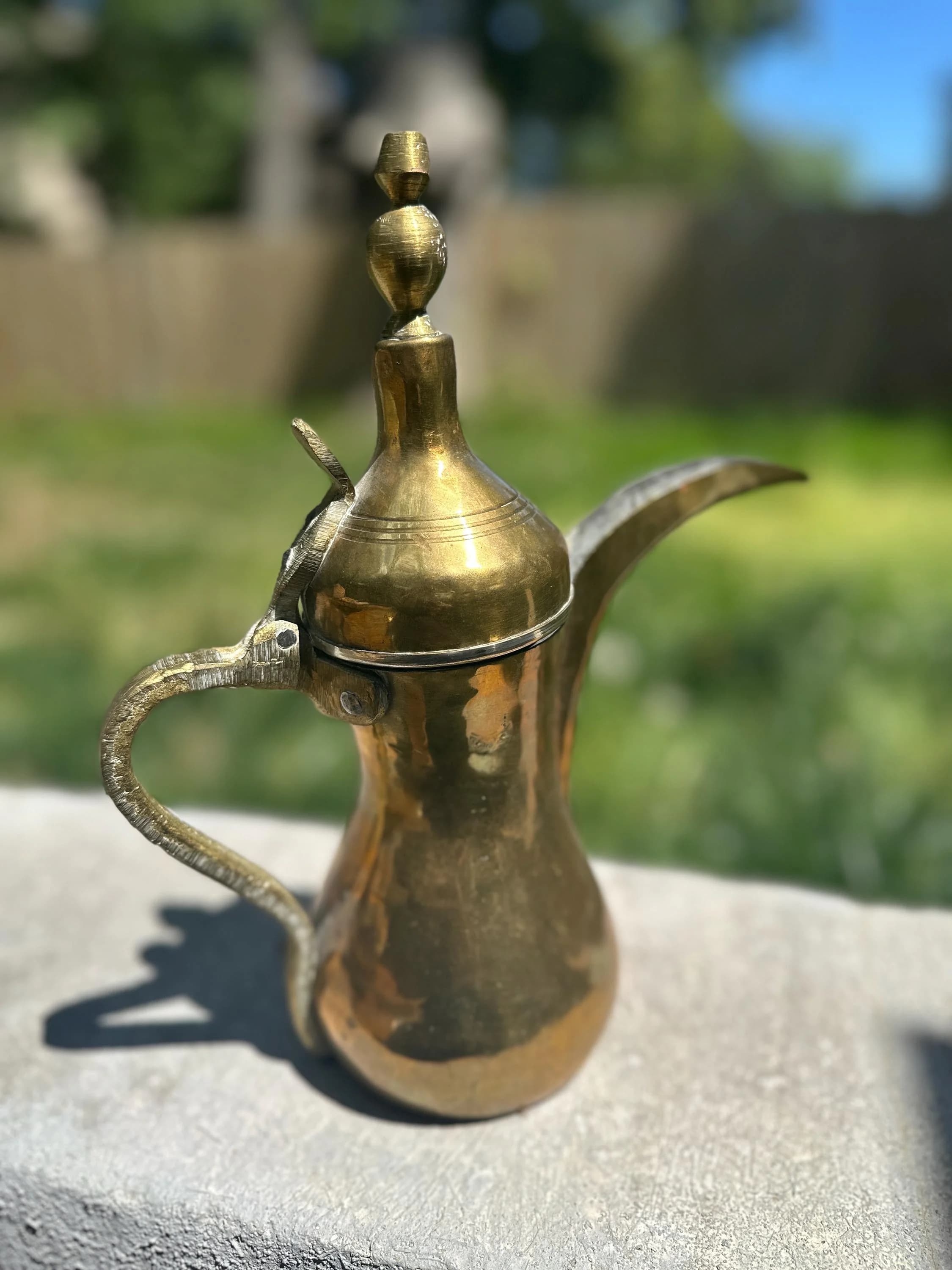 Vintage Brass Antique Dallah, Islamic Arabic Coffee Pot 10.5” Tall, Stamped