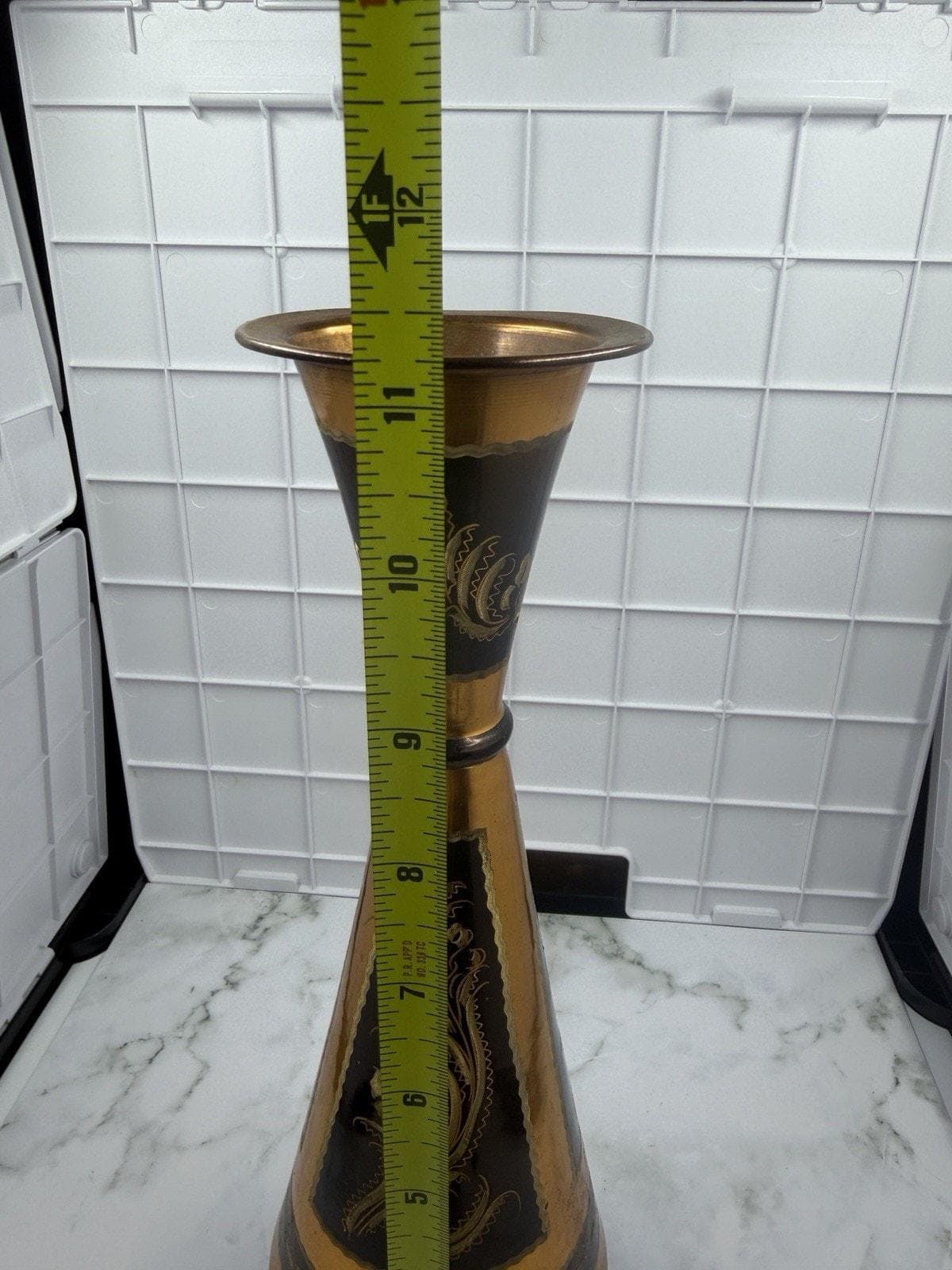 Vintage Etched Brass & Black Enamel Trumpet Vase 1970s Boho Fluted India Style - image 4