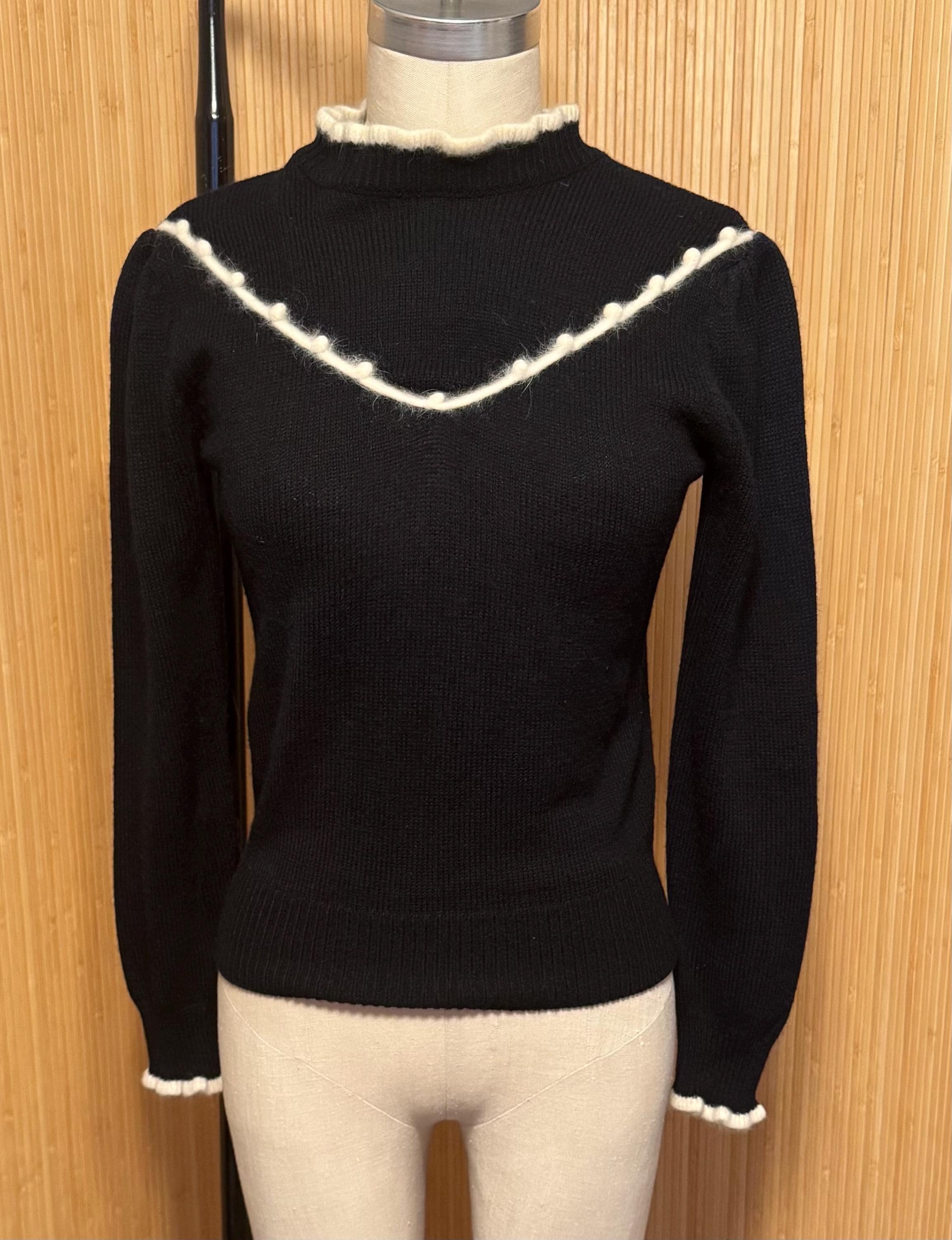 70s/80s Exclusive Imports Black Mockneck Knit Longsleeve Top with White Angora Trim