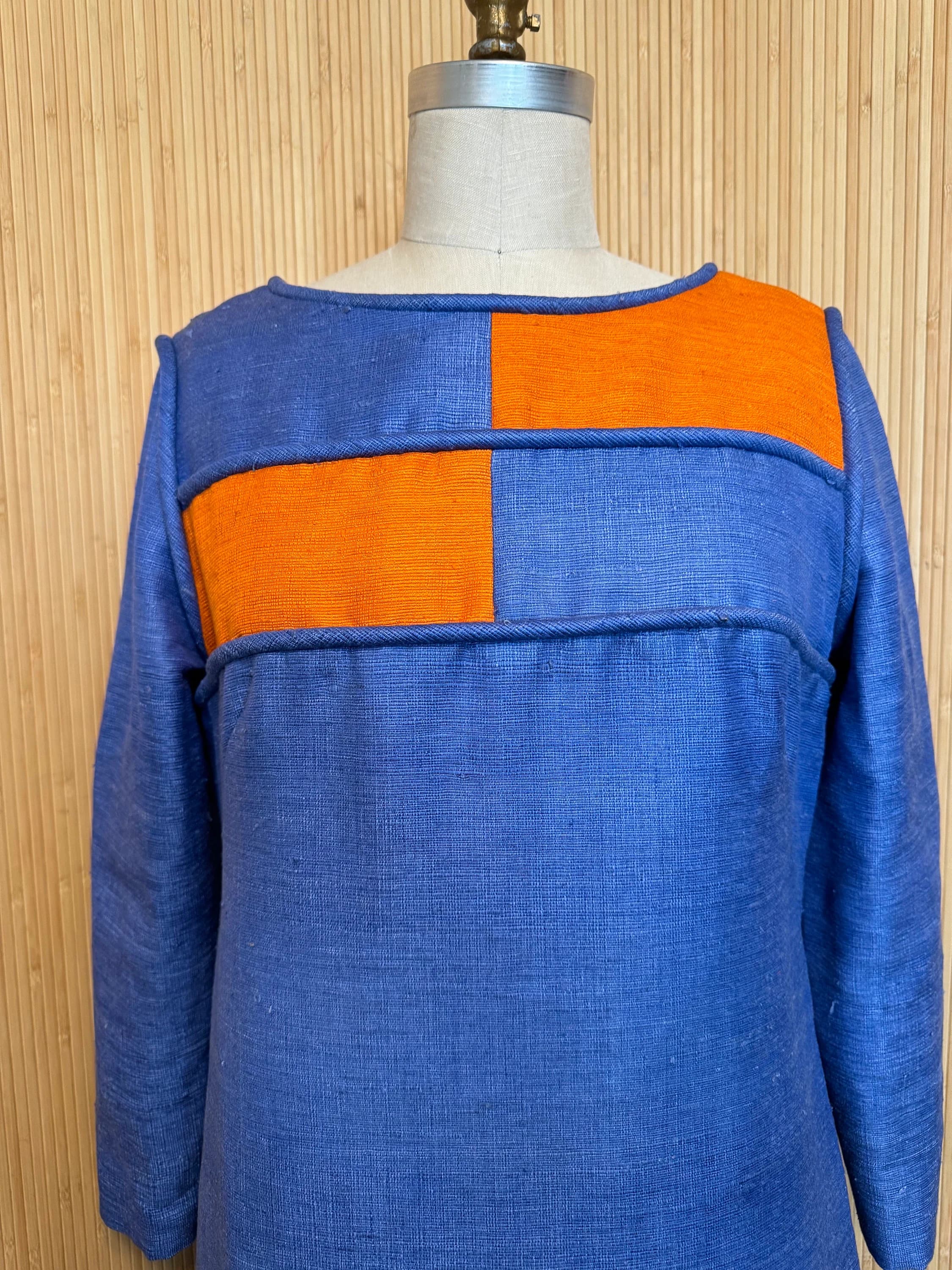 1960s Tina Leser Original Cornflower Blue and Orange Colorblock Dress - image 4