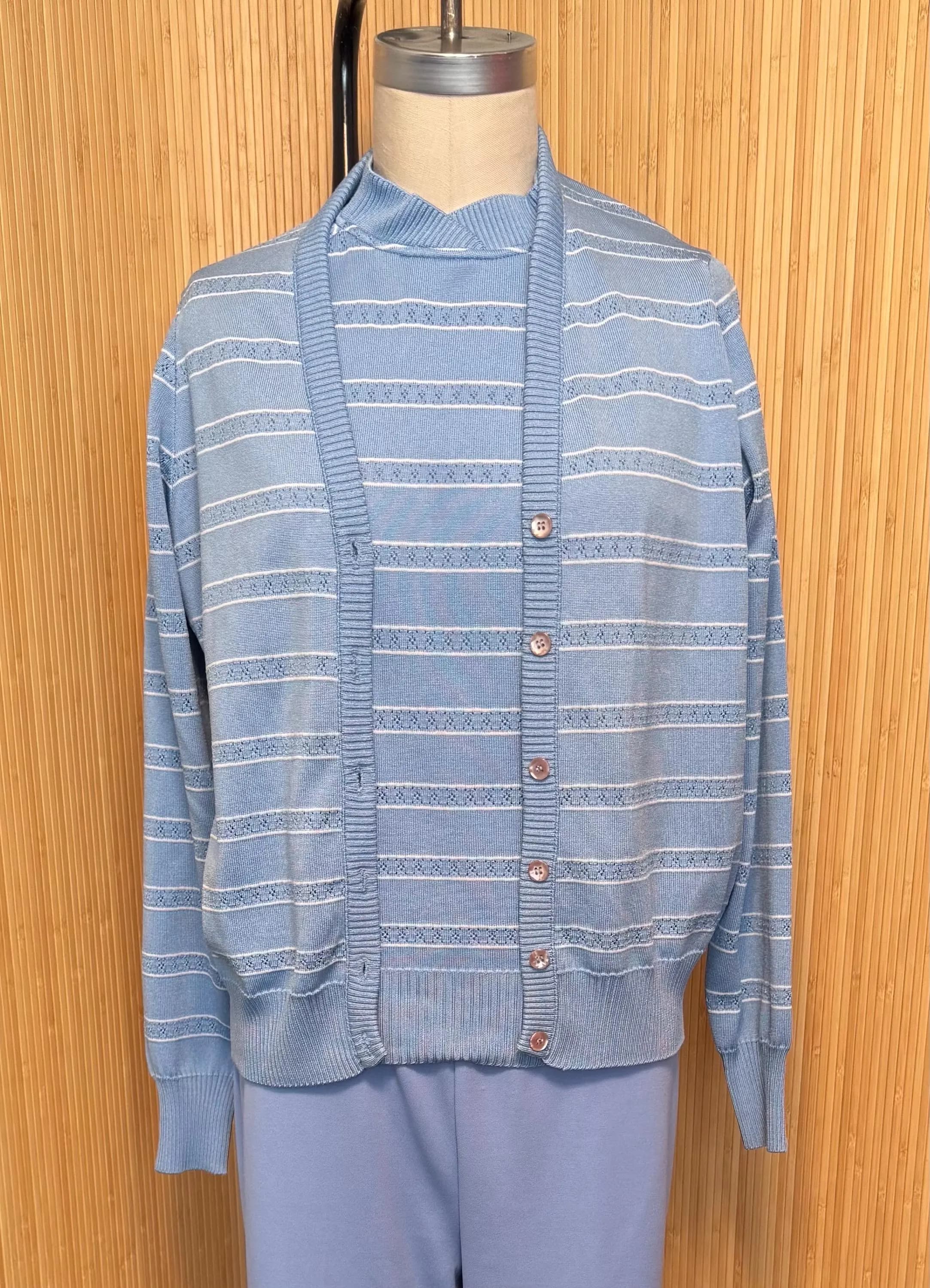70s Givenchy Sport Short-Sleeved Knit Top, Striped Pointelle Cardigan and Coordinating Pull-on Pant