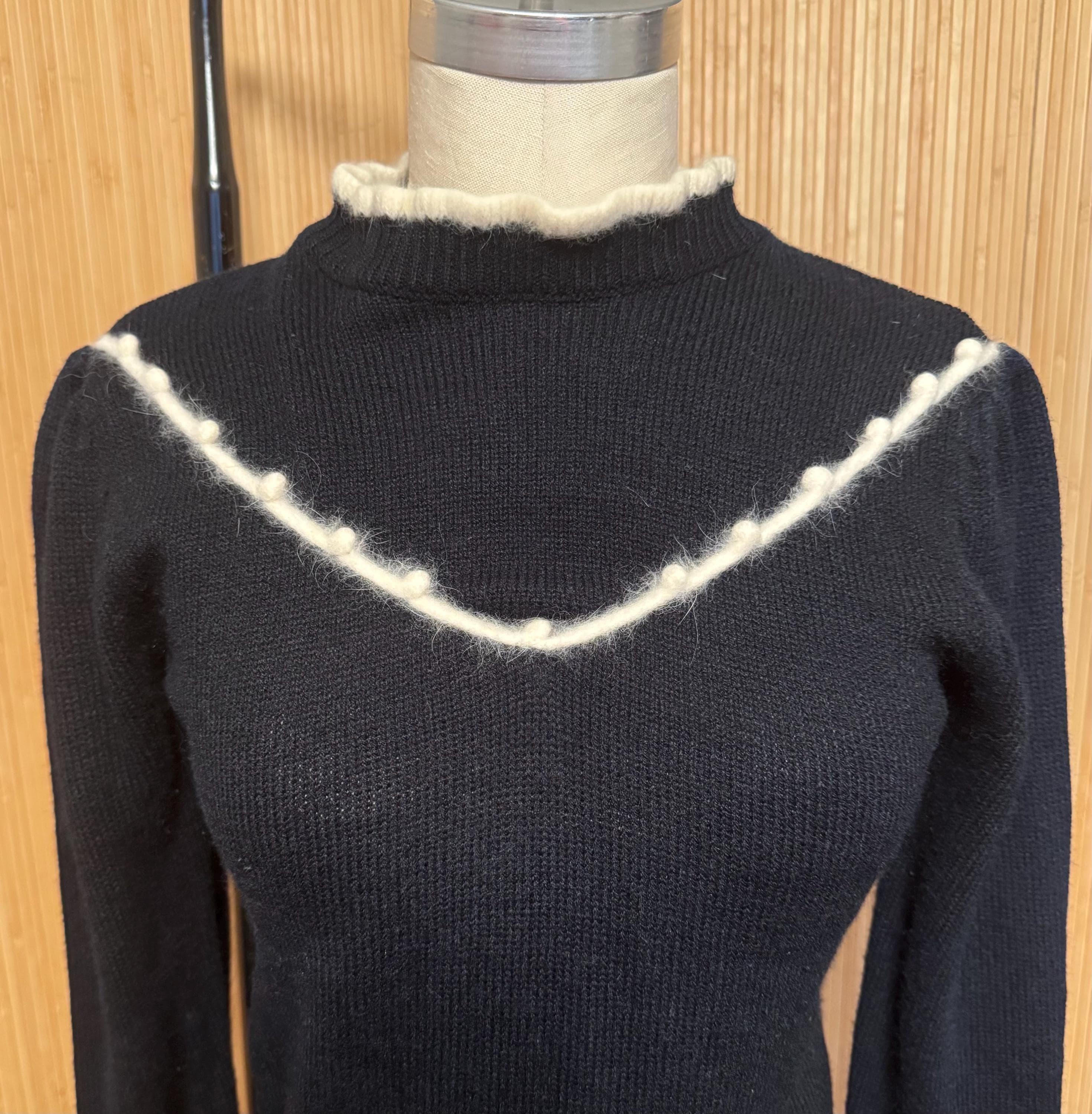 70s/80s Exclusive Imports Black Mockneck Knit Longsleeve Top with White Angora Trim - image 5