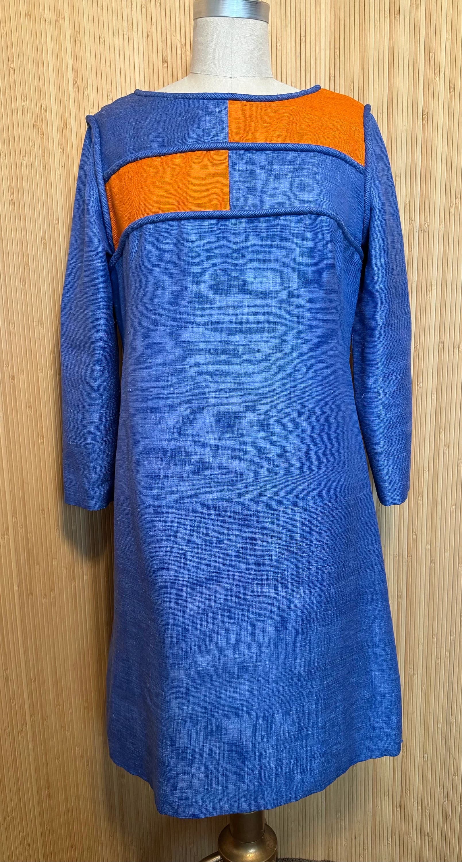 1960s Tina Leser Original Cornflower Blue and Orange Colorblock Dress