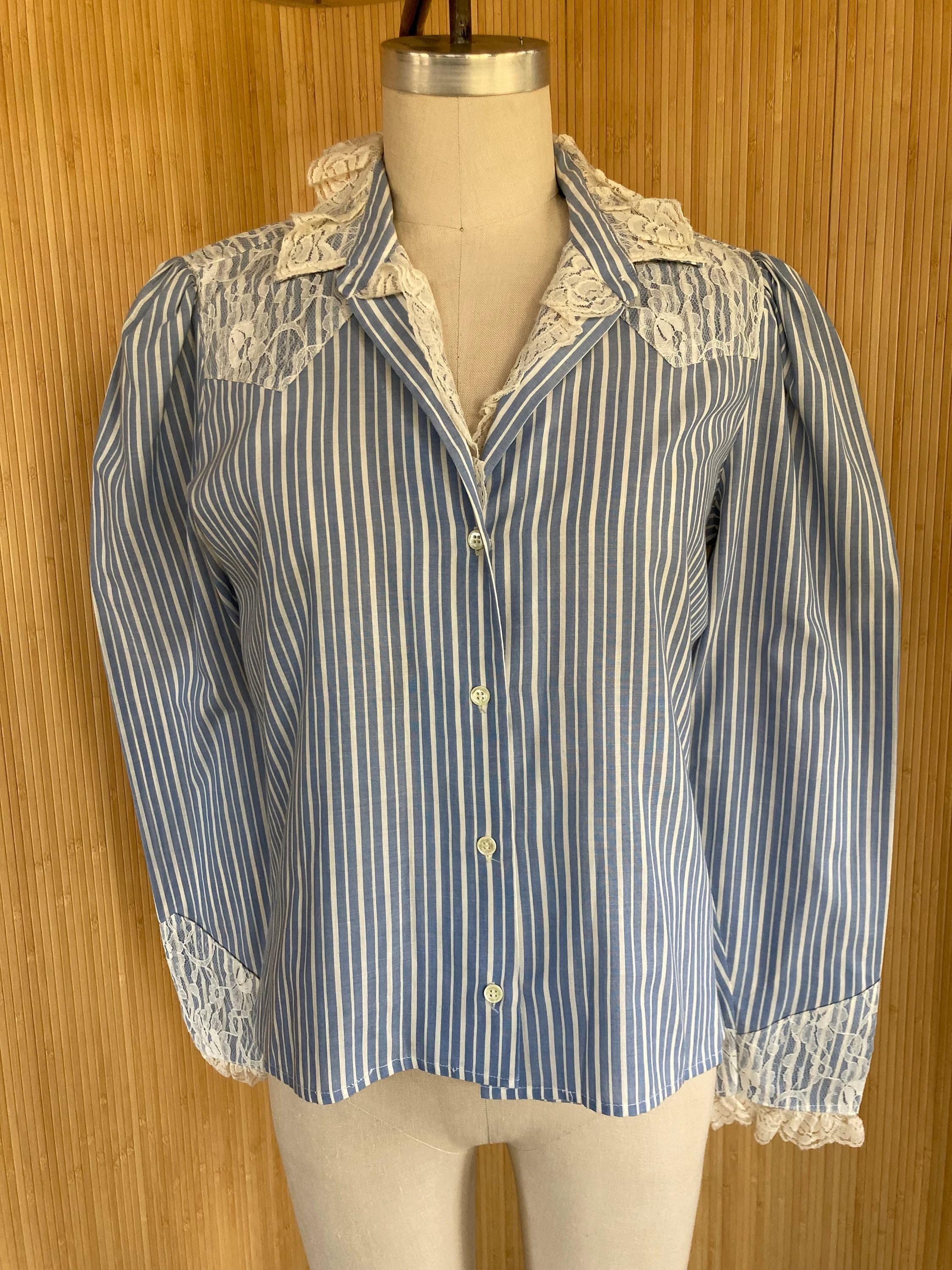 1980s Kenny Rogers Striped Lace-trimmed Blouse