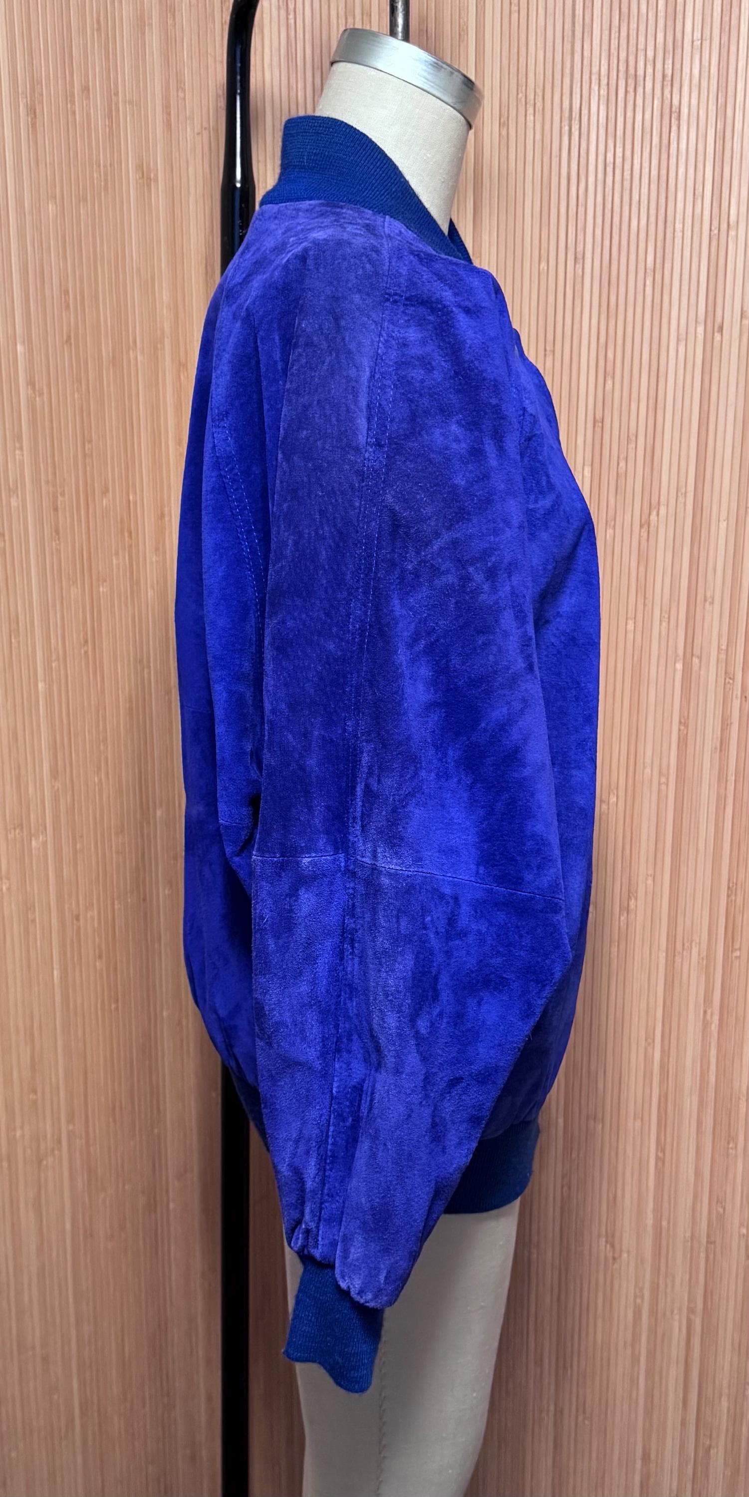 80s Firenze Cobalt Blue Oversized Suede Bomber Jacket - image 4