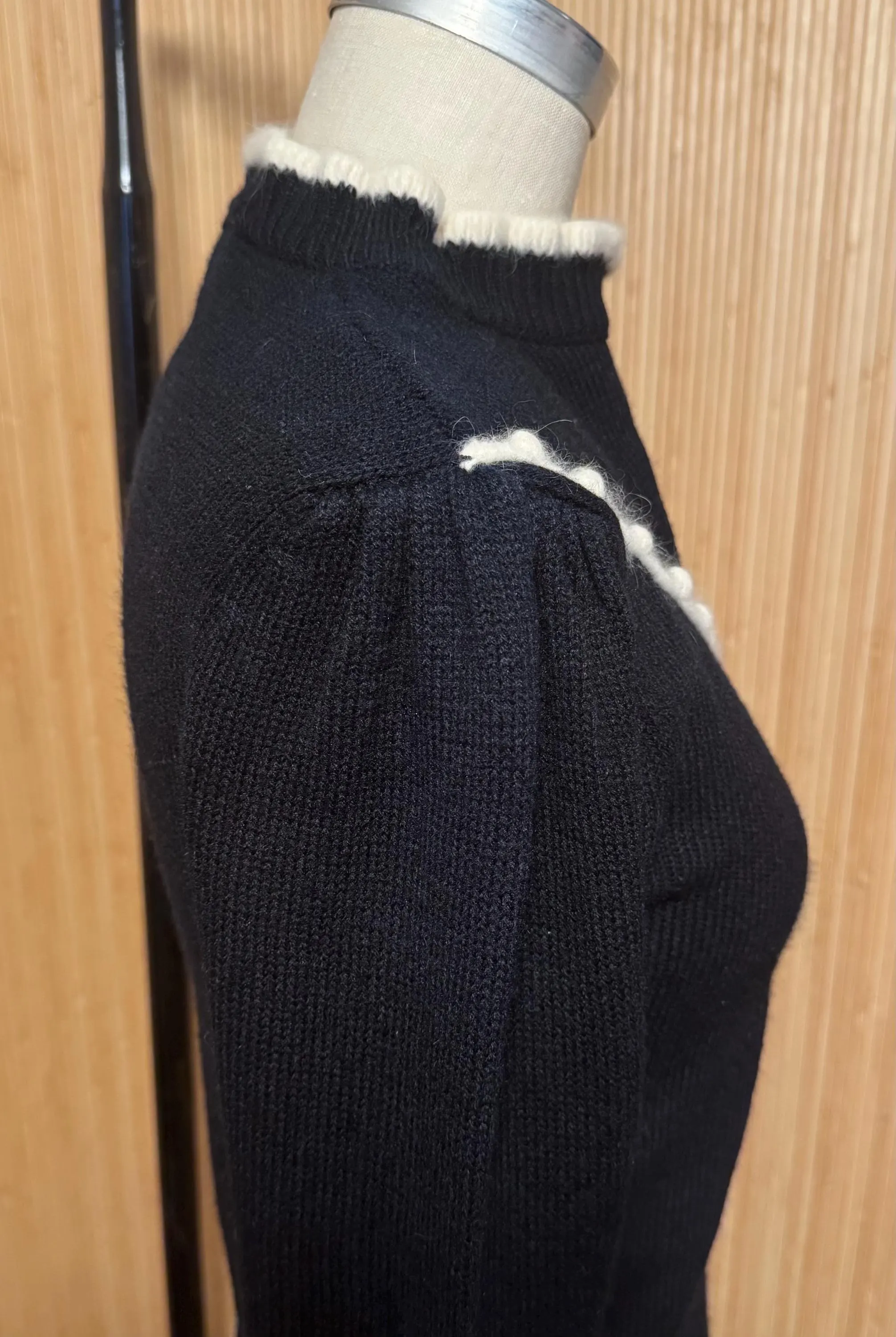 70s/80s Exclusive Imports Black Mockneck Knit Longsleeve Top with White Angora Trim - image 4