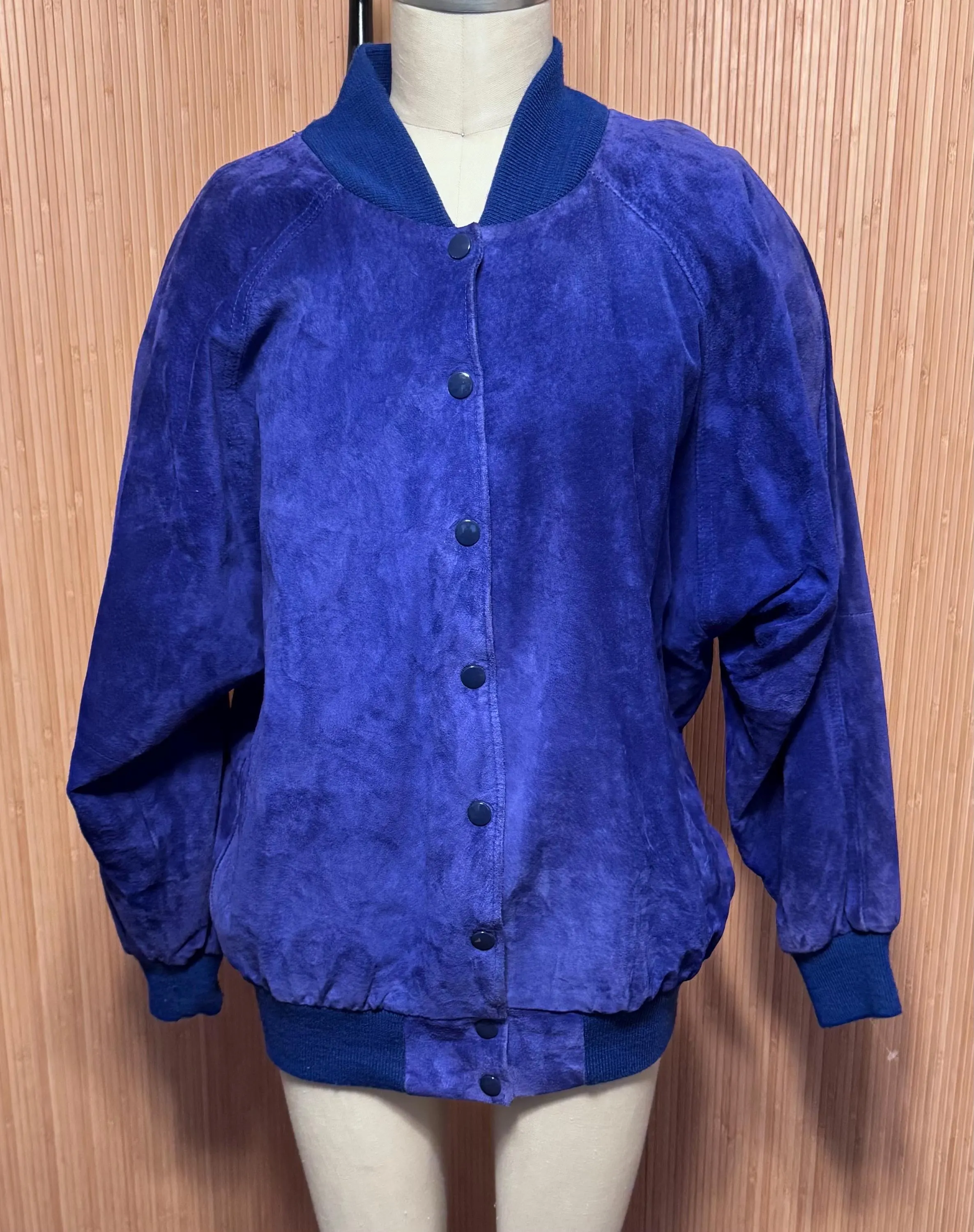 80s Firenze Cobalt Blue Oversized Suede Bomber Jacket