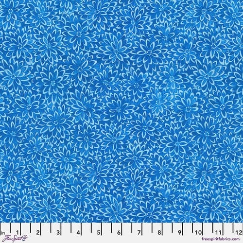 Chrysanthemum Carpet, Blue, Cottage Garden, Snow Leopard Designs, FreeSpirit Fabrics, sold by the 1/2 yard or the yard