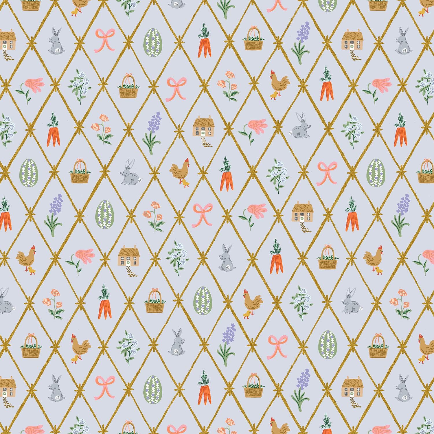 Easter - Easter Lattice - Blue Metallic Fabric- RP1501-BL3M , Rifle Paper Co, Cotton + Steel, Sold by the yard