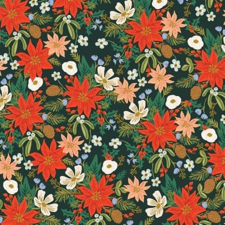 Holiday Classics, Poinsettia Bouquet, Evergreen Metallic Fabric, Rifle Paper Co,  Cotton+Steel, sold by the 1/2 yard or the yard