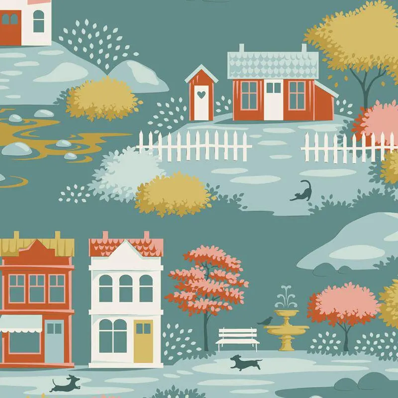 Village Life 110180-Village-Teal , by Tilda Fabrics, sold by the yard