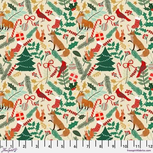 Christmas Spirit, Forest Evening, in Cream, By Mia Charro, FreeSpirit, sold by the 1/2 yard or the yard