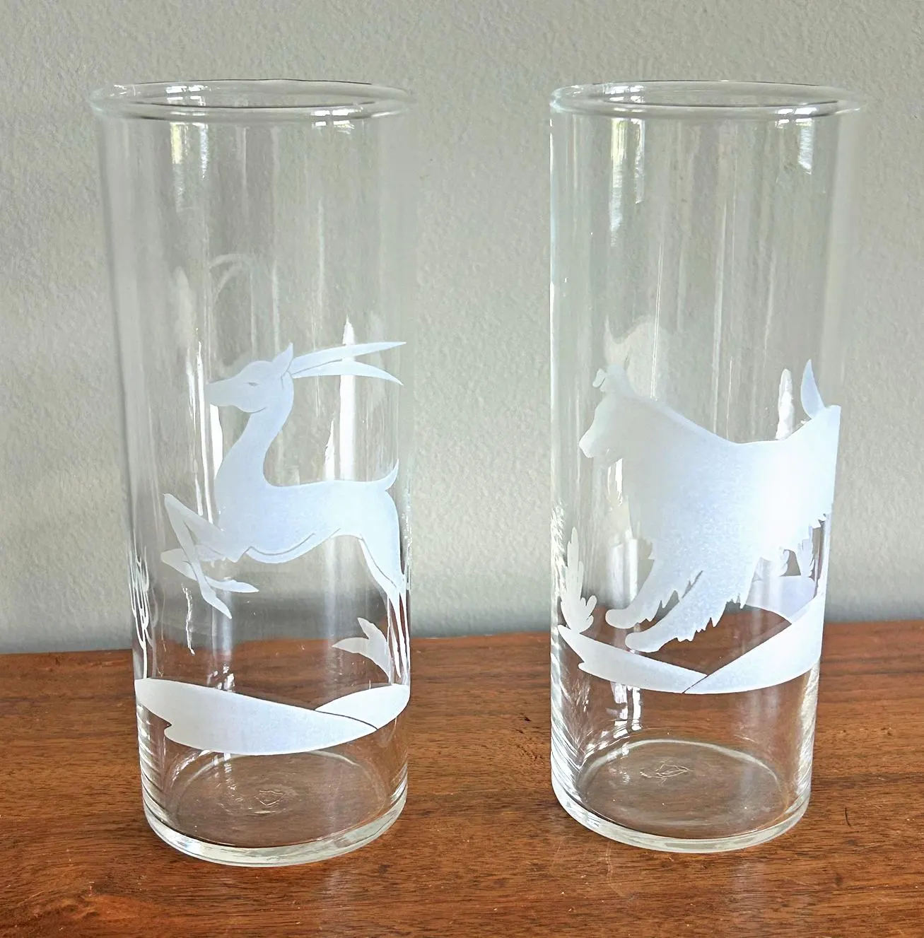 Vintage Mid Century Modern Dog and Gazelle 12 oz Highball Glass Tumblers - Set of 4