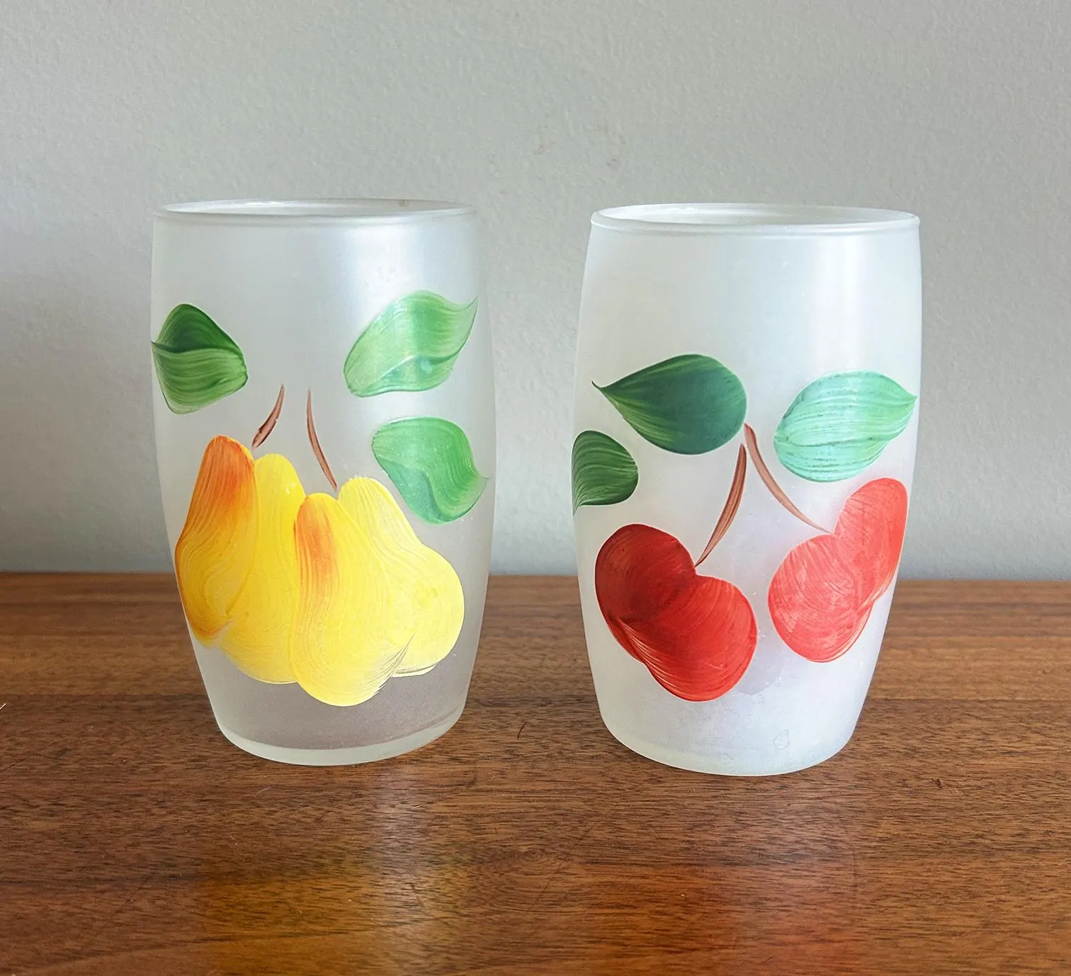 Vintage Bartlett Collins Gay Fad Handpainted Fruit Frosted 12 oz Barrel Glasses - Set of 2