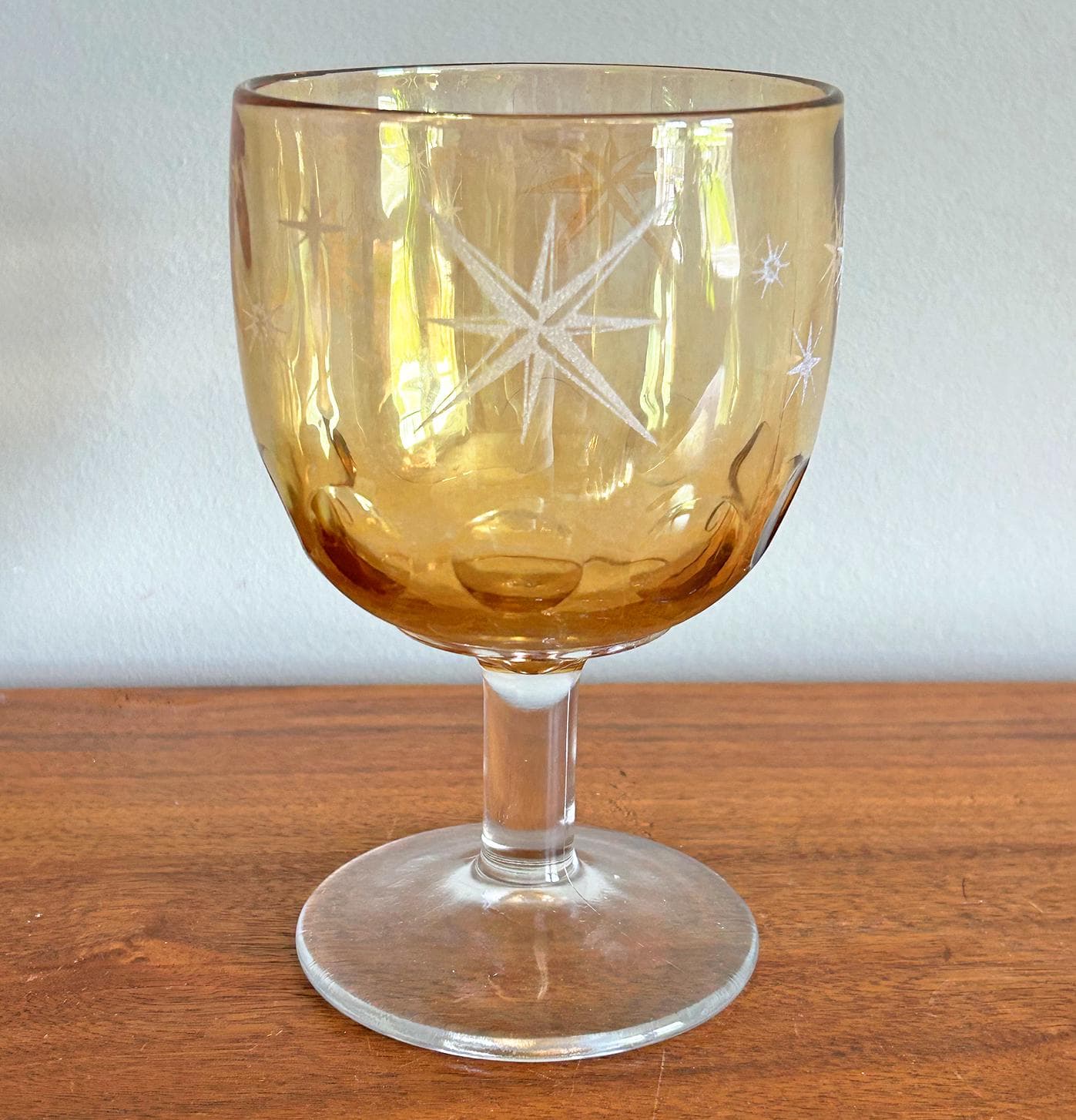 Vintage Bartlett Collins Atomic Starburst Heavy Amber Glass Pedestal Goblet