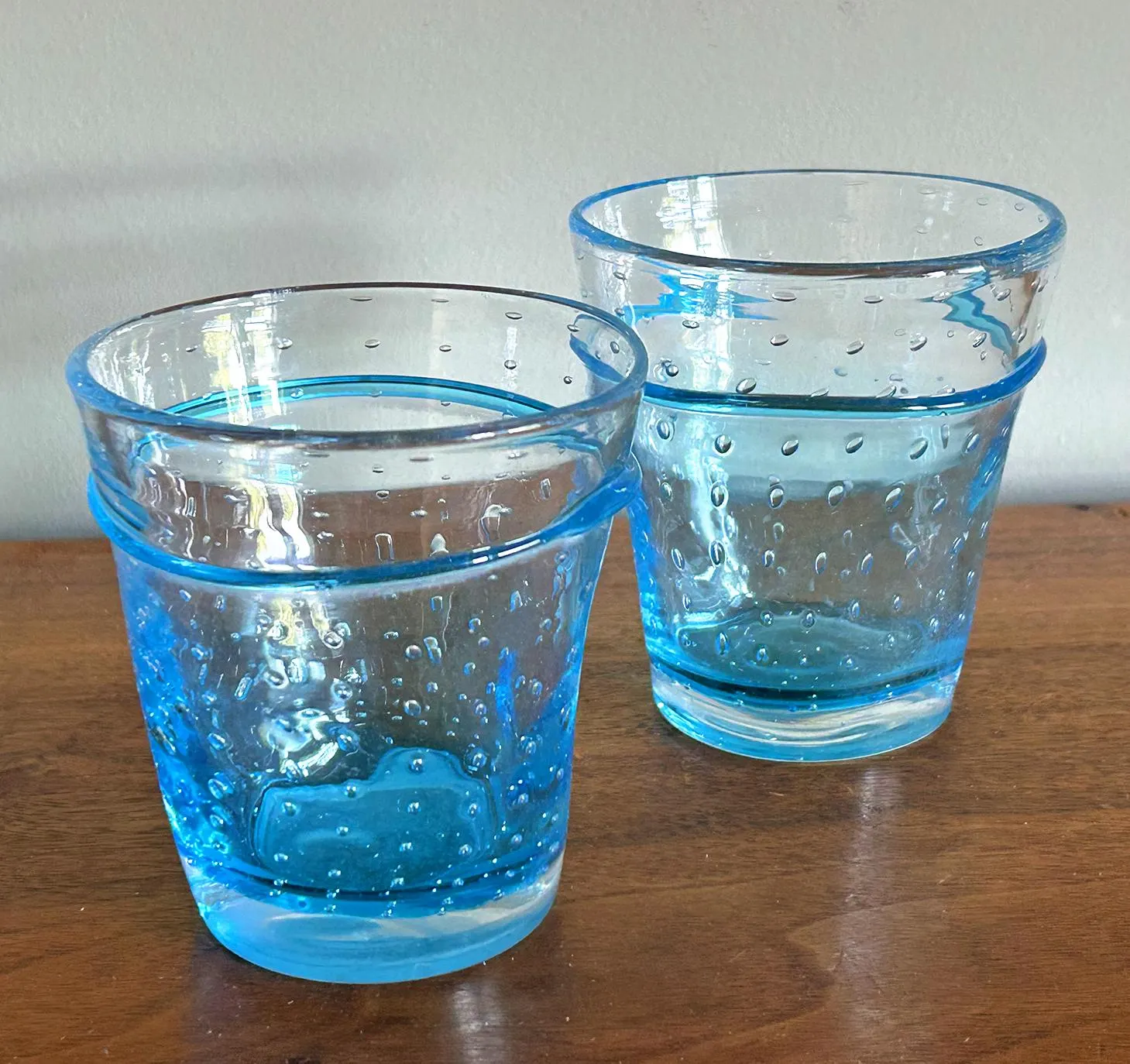 Vintage Mexican Aqua Hand Blown Old Fashioned Rocks Glasses with Trapped Bubbles - Set of 2