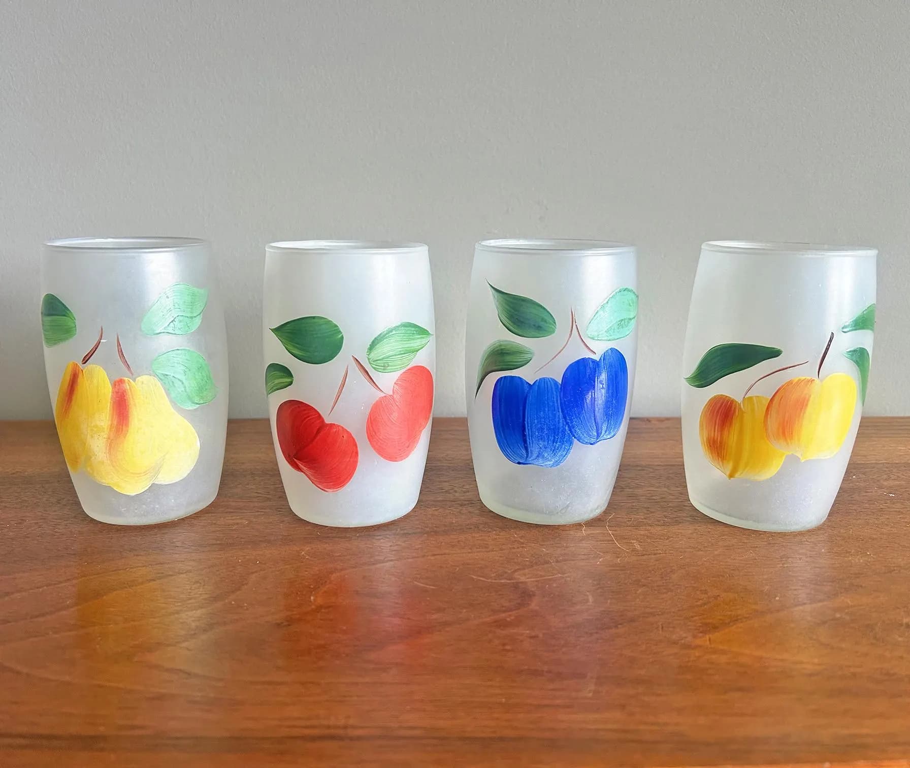 Vintage Bartlett Collins Gay Fad Handpainted Fruit Frosted 12 oz Barrel Glasses - Set of 4