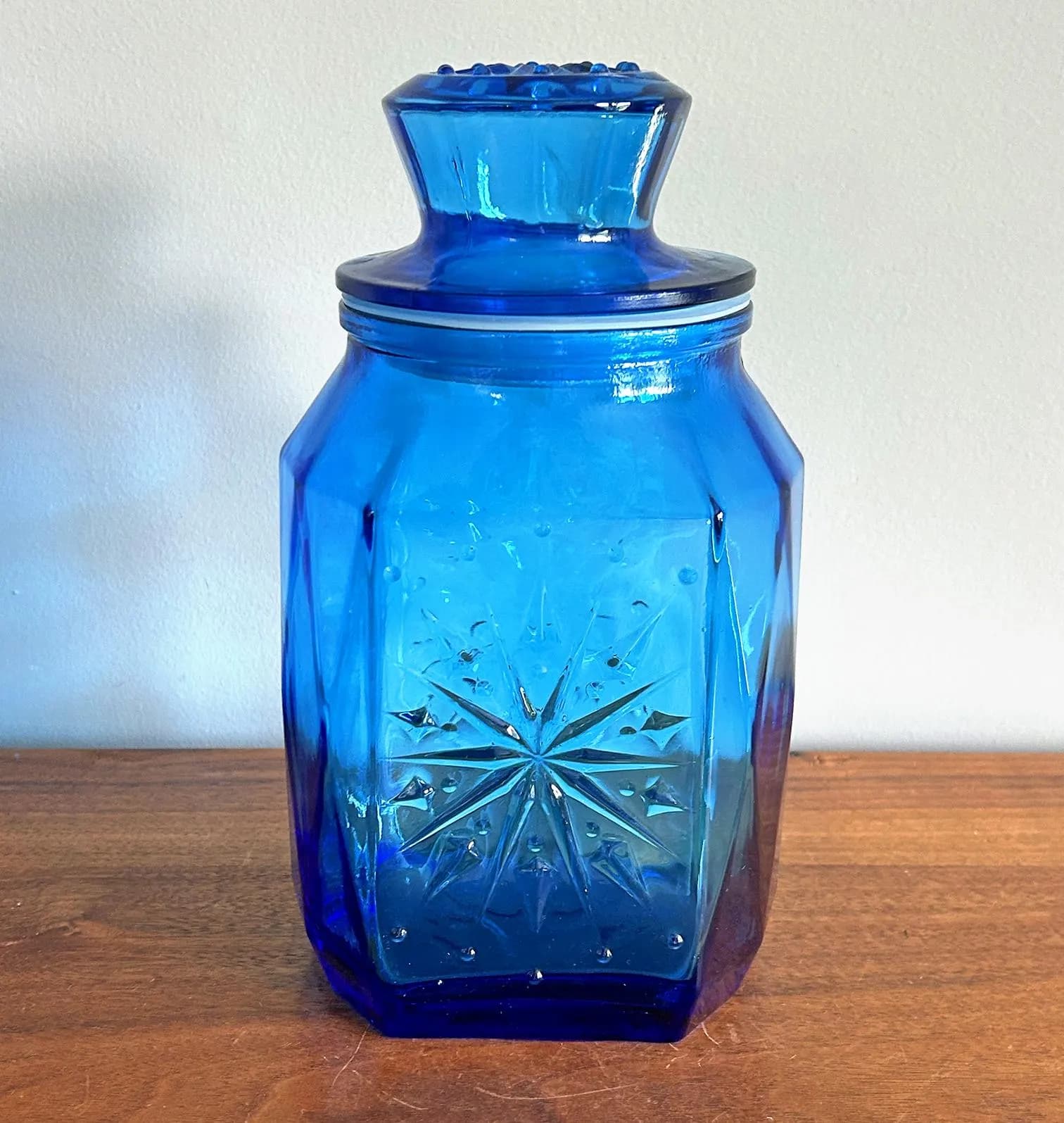 Vintage Wheaton Glass Blue Snowflake Canister Jar 9 1/2" tall