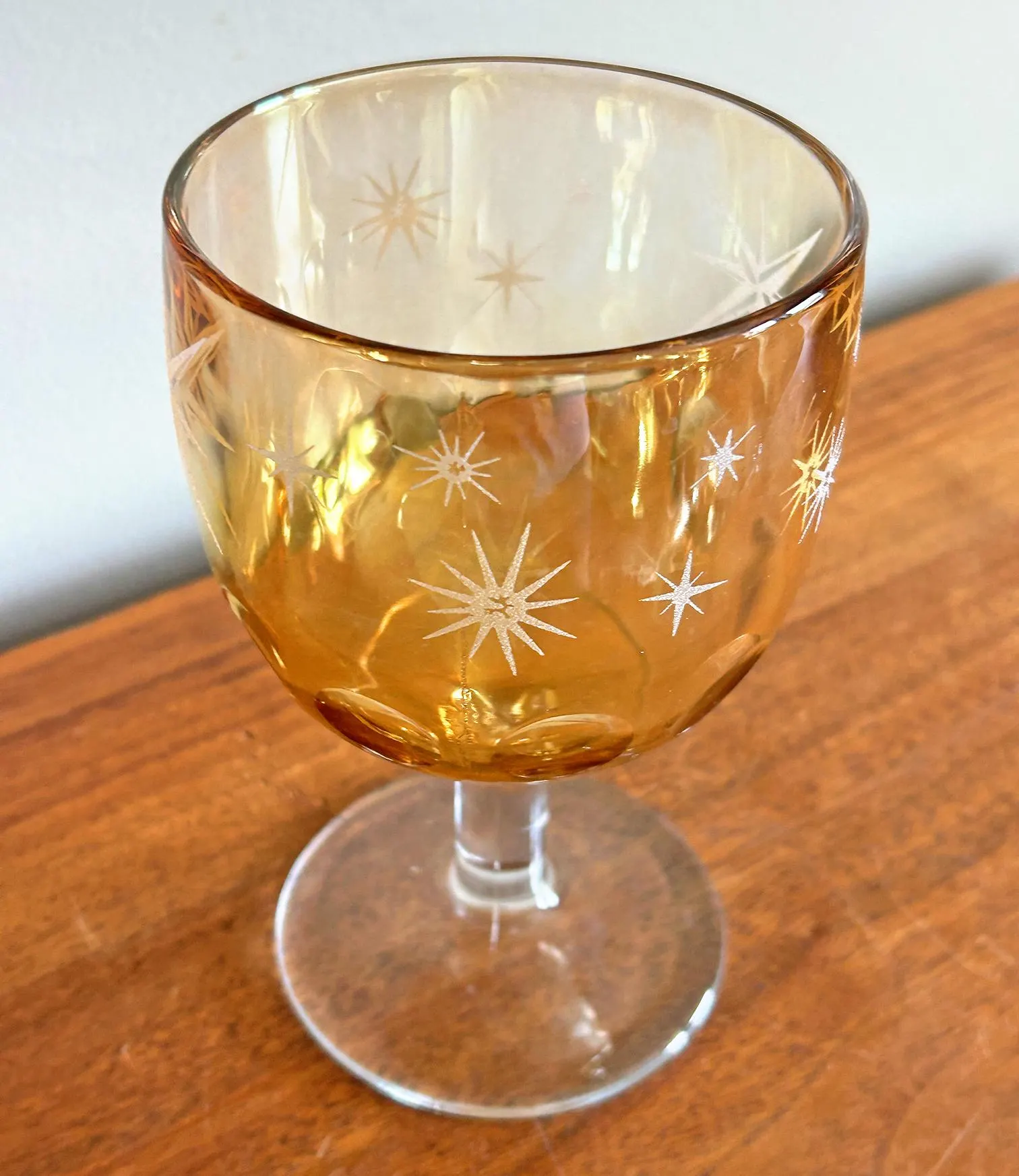Vintage Bartlett Collins Atomic Starburst Heavy Amber Glass Pedestal Goblet - image 5