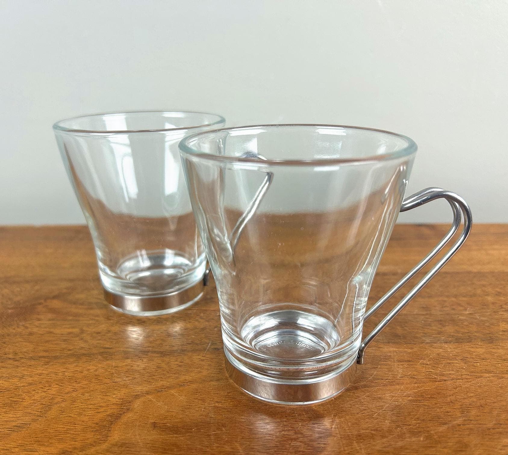 Vintage Bormioli Rocco Vitrosax 8 oz Cappuccino Glasses with Metal Holders - Set of 2 Made in Italy
