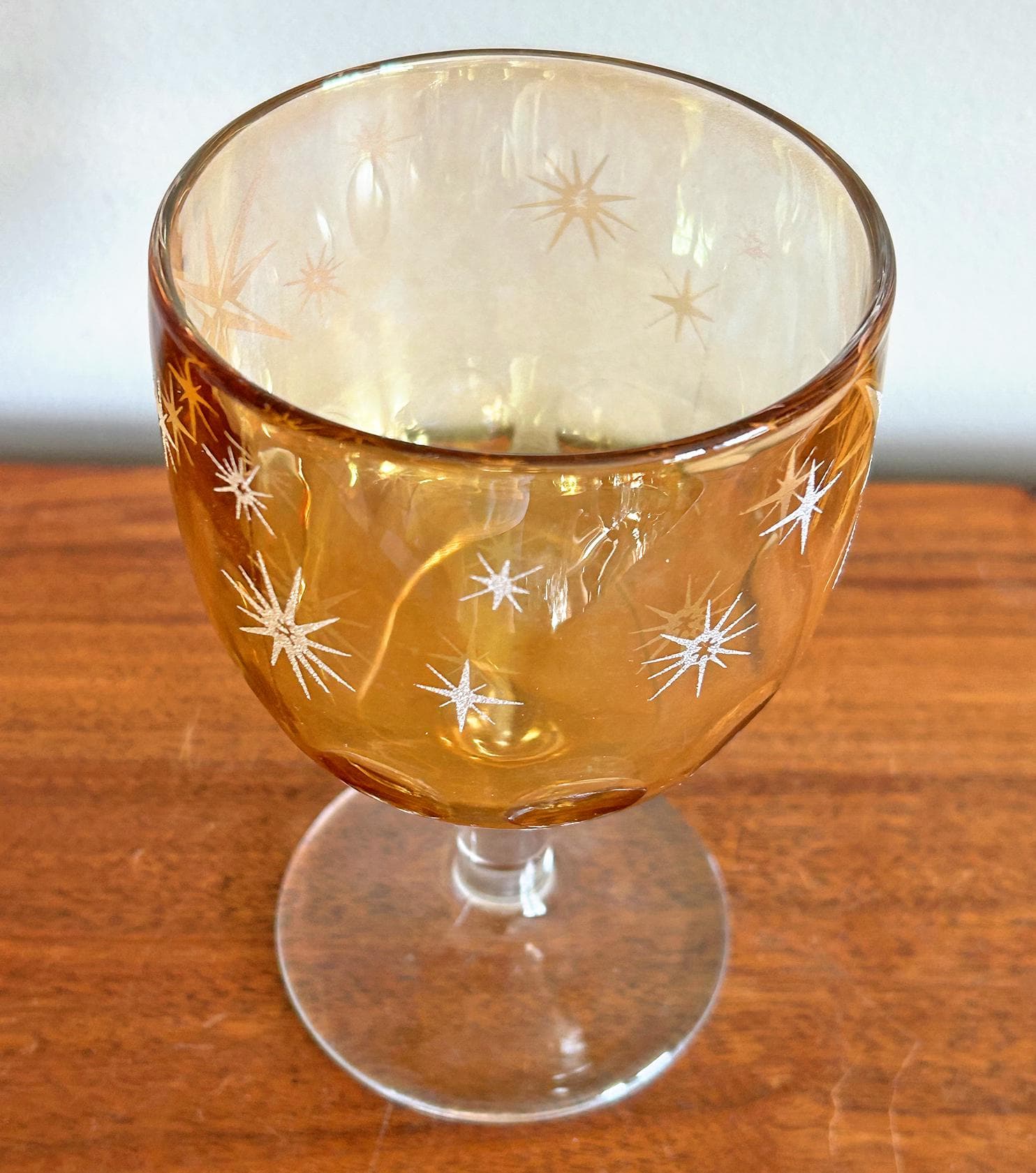 Vintage Bartlett Collins Atomic Starburst Heavy Amber Glass Pedestal Goblet - image 4