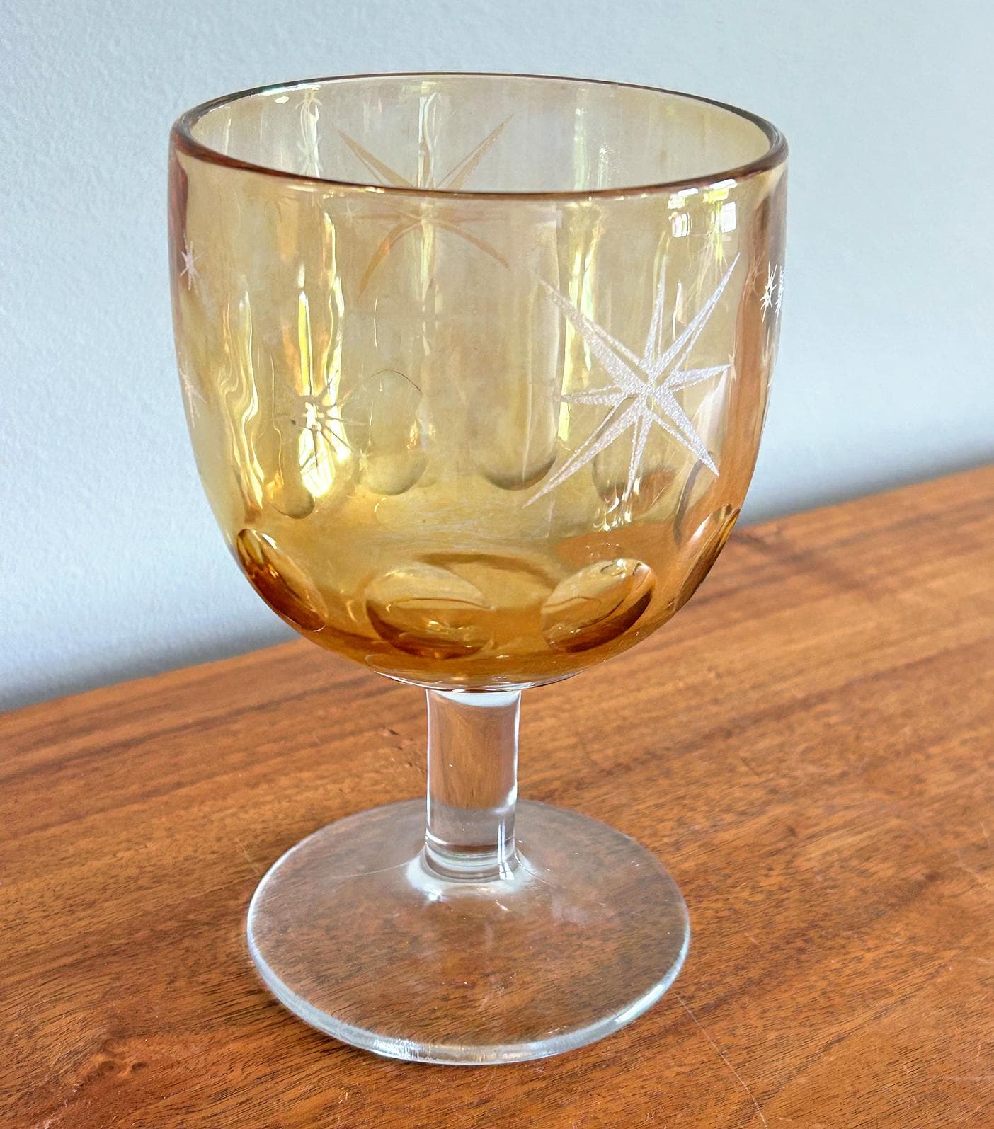 Vintage Bartlett Collins Atomic Starburst Heavy Amber Glass Pedestal Goblet - image 3