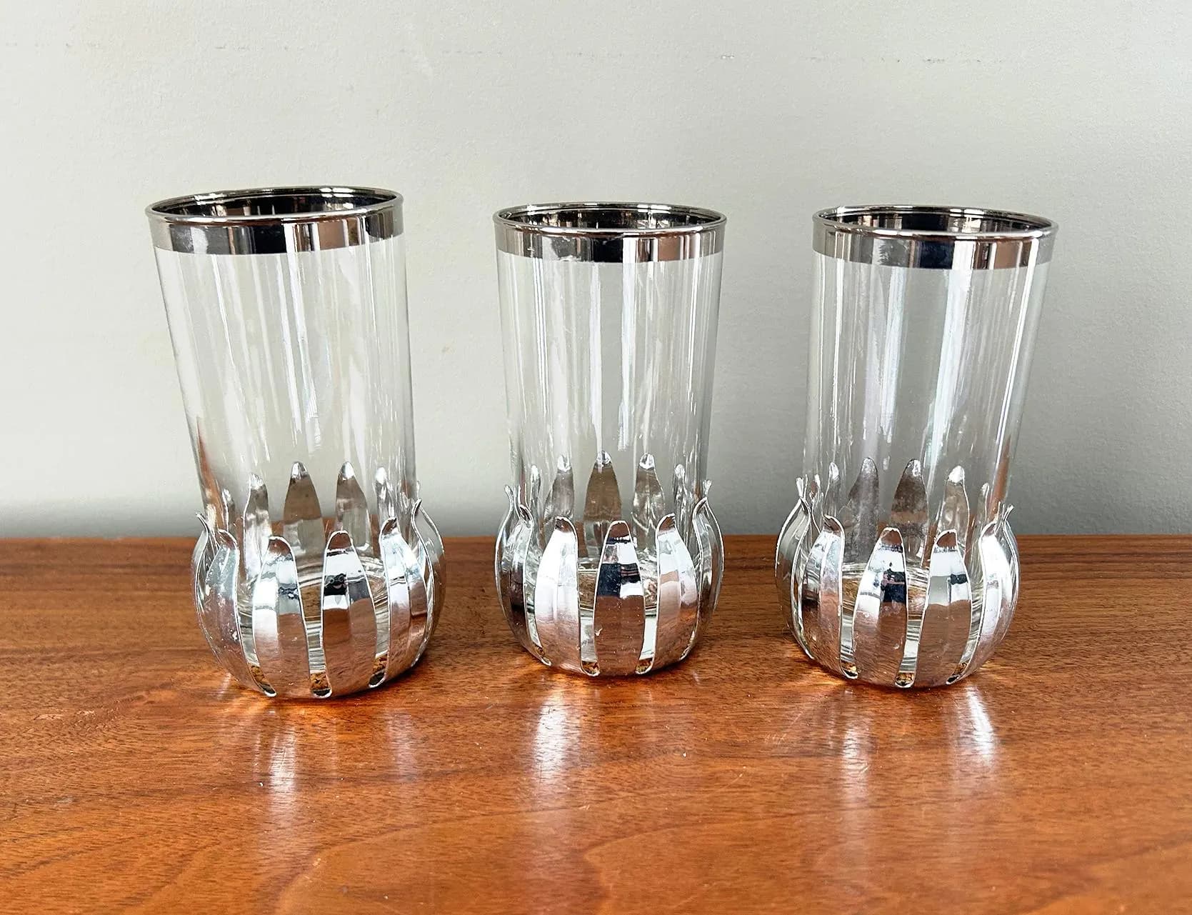 Vintage Set of 3 Mid Centuury Dorothy Thorpe Tumblers with Lotus Coasters