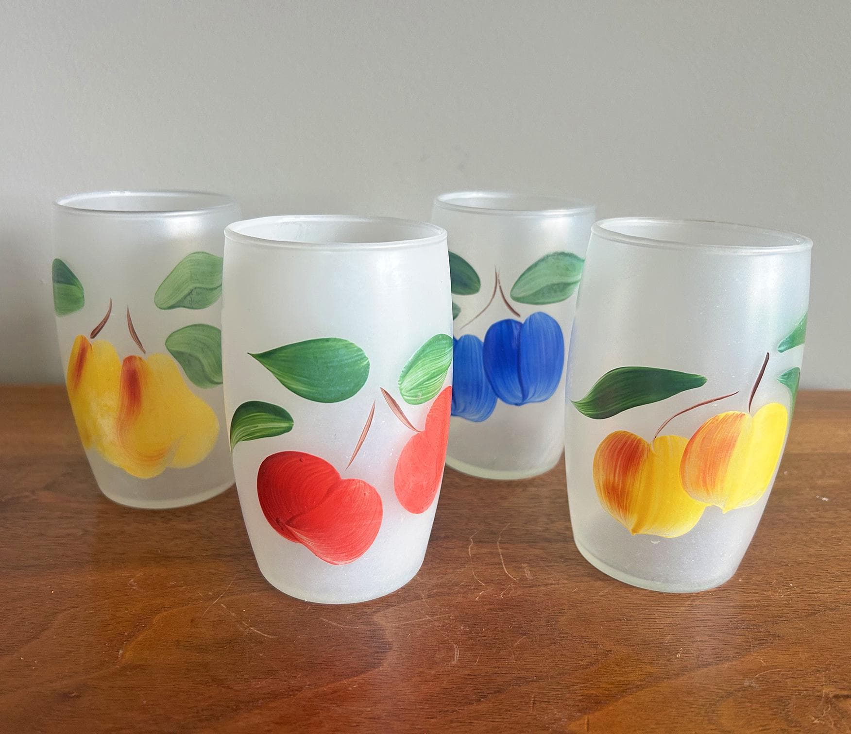 Vintage Bartlett Collins Gay Fad Handpainted Fruit Frosted 12 oz Barrel Glasses - Set of 4 - image 5