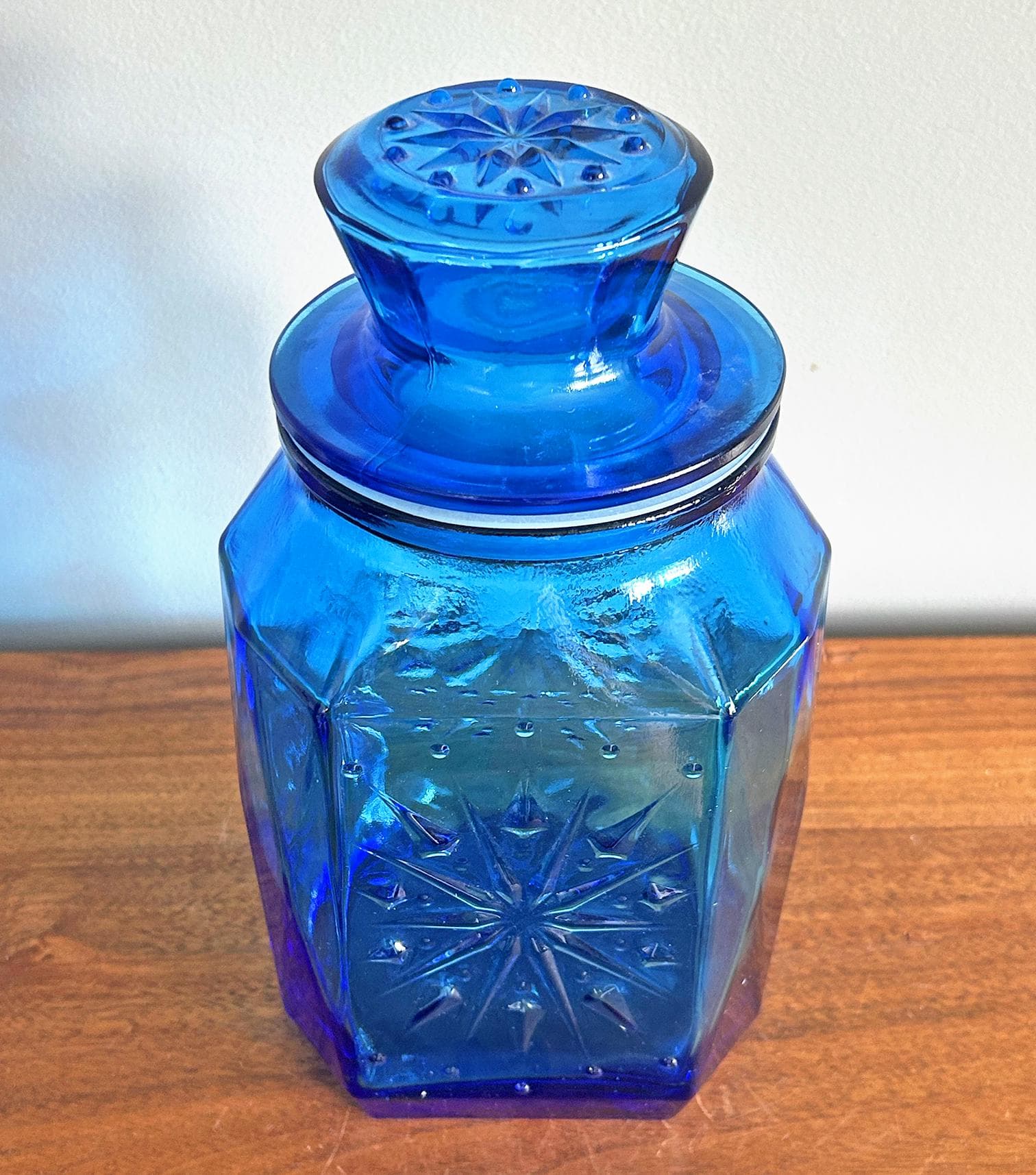 Vintage Wheaton Glass Blue Snowflake Canister Jar 9 1/2" tall - image 5